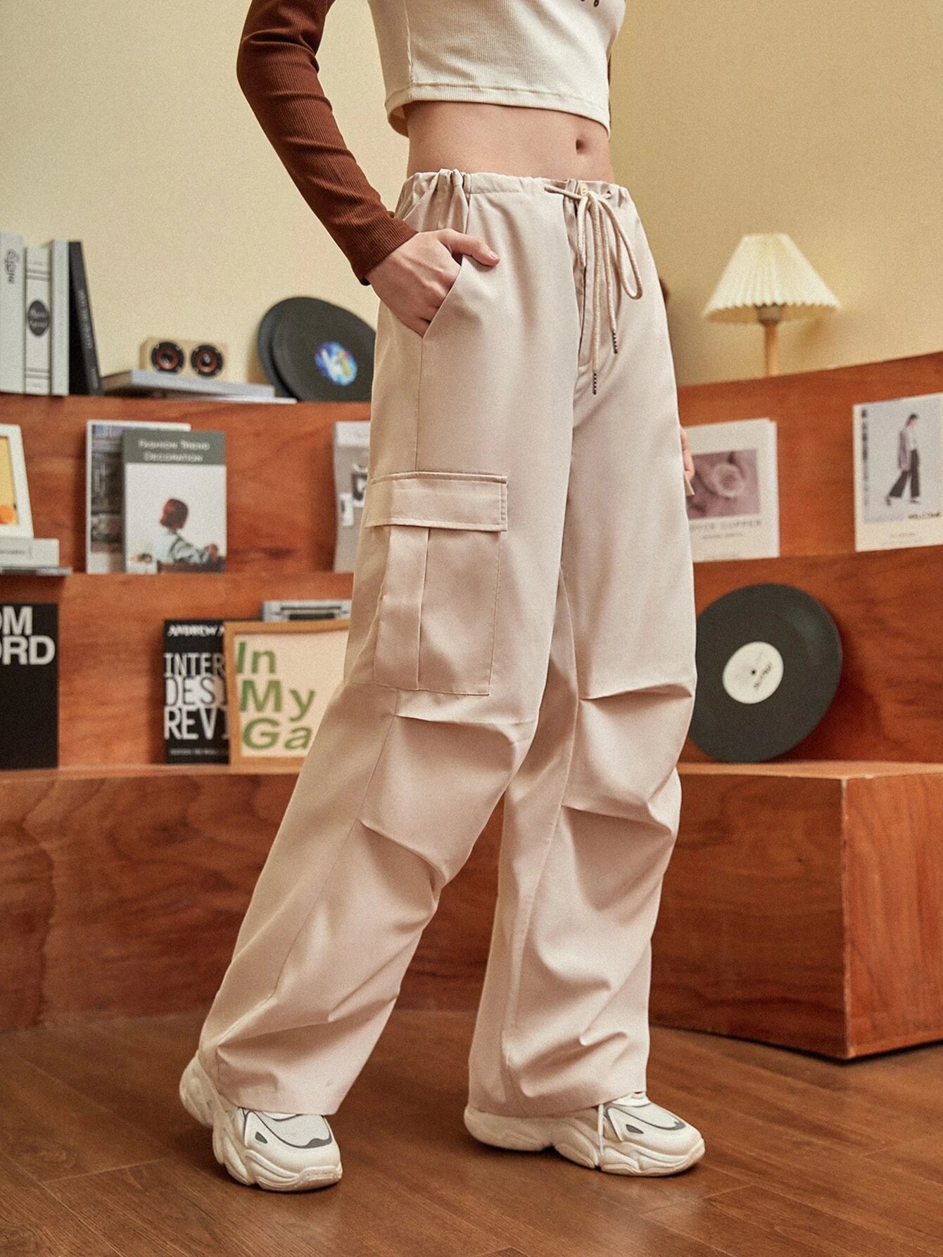 Flap Pocket Cargo Pants With Drawstring – women's cargo pants front view