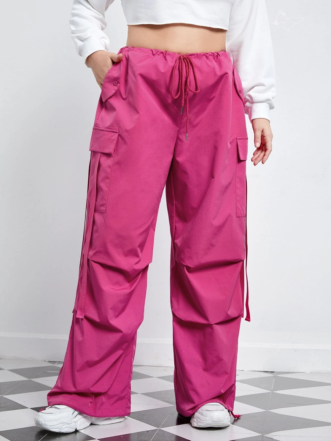 Flap Pocket Side Drawstring Waist Pants – side profile view