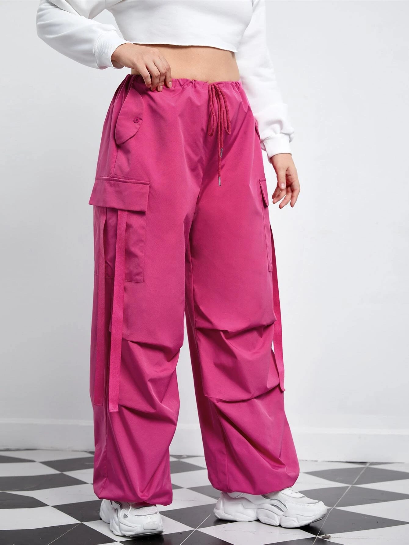 Flap Pocket Side Drawstring Waist Pants – fabric detail close-up
