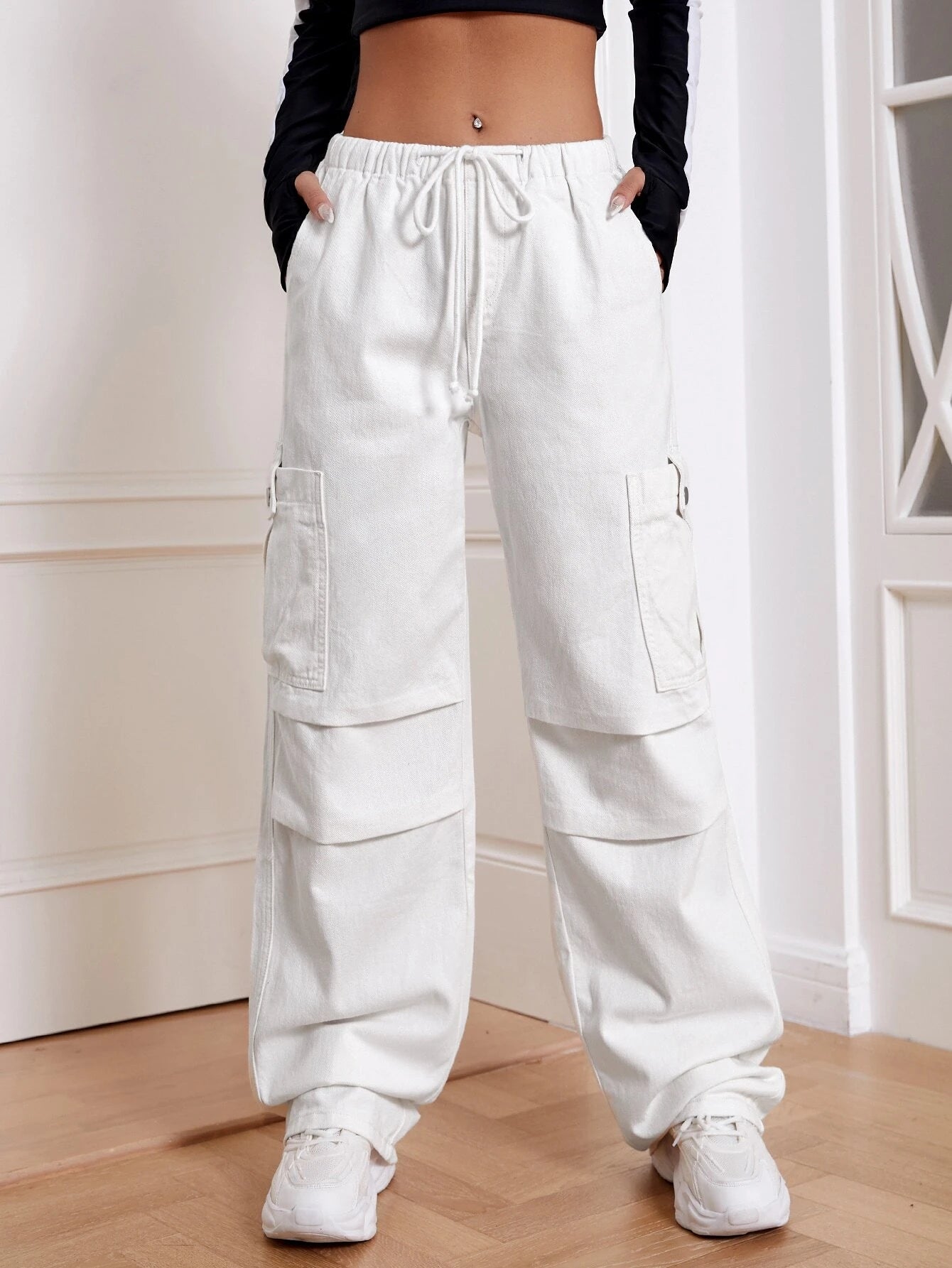 Drawstring Cargo Jeans With Pockets – back view detail