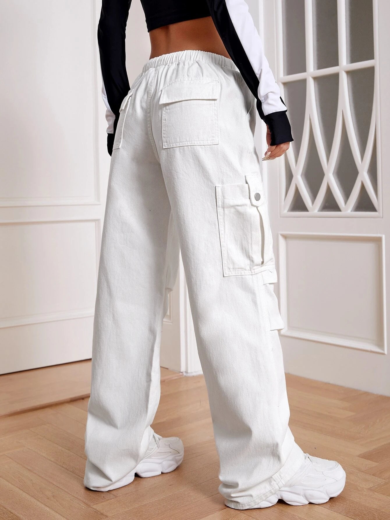 Drawstring Cargo Jeans With Pockets – side profile view