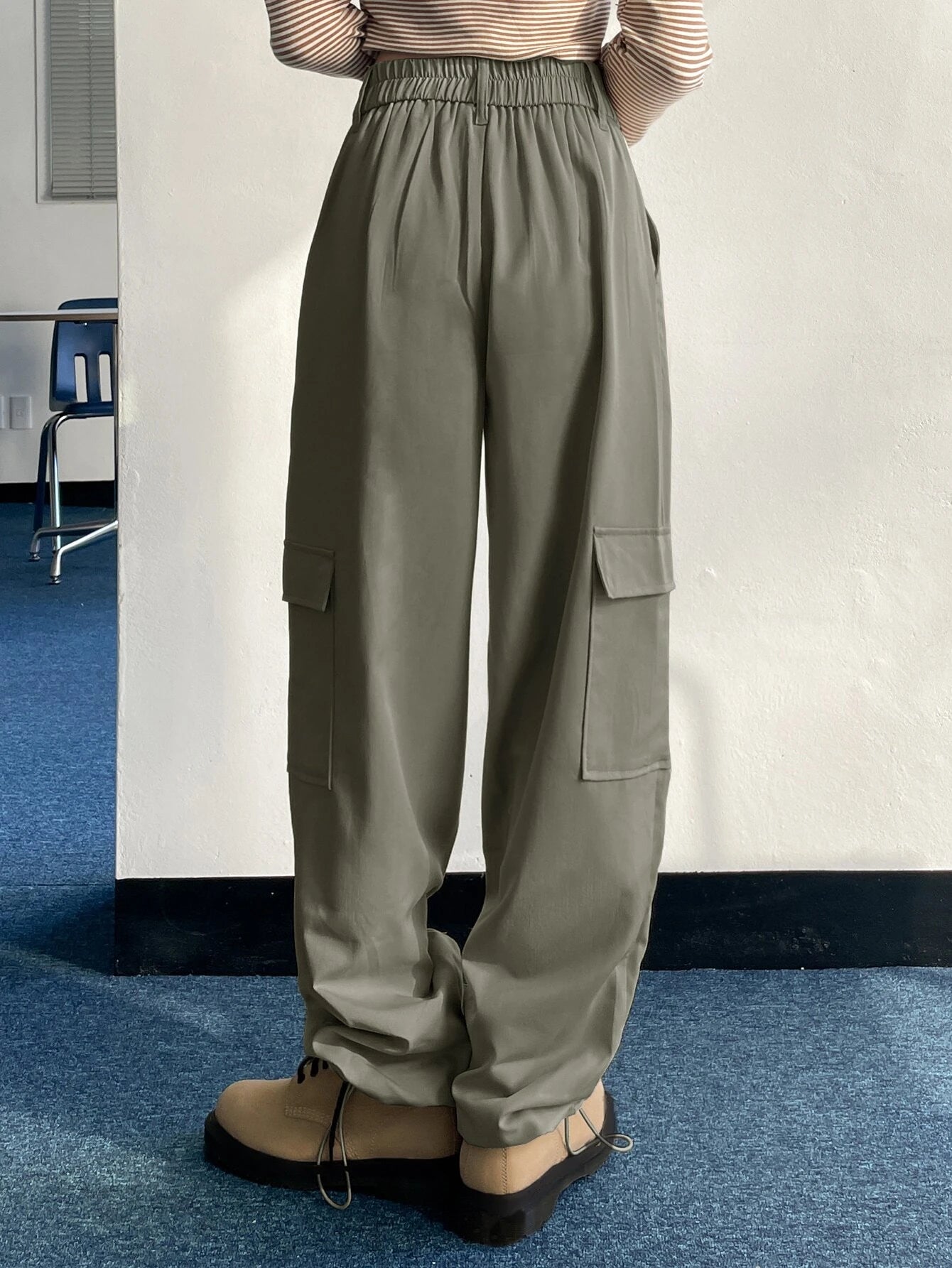 Flap Pocket Drawstring Hem Cargo Pants in Black #ts-6 – lifestyle view 11