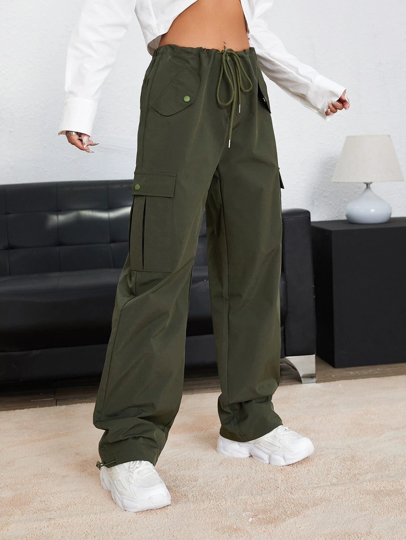Drawstring Waist Plain Parachute PantsDrawstring Waist Plain Parachute Pants - Image 12