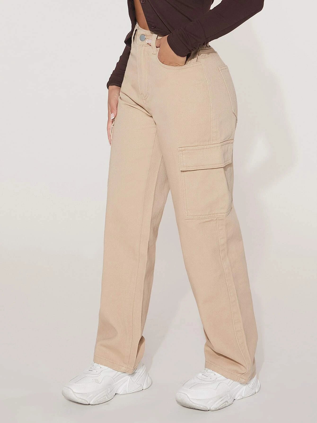 High Waist Flap Pocket Straight Leg Jeans in Green – lifestyle view 13