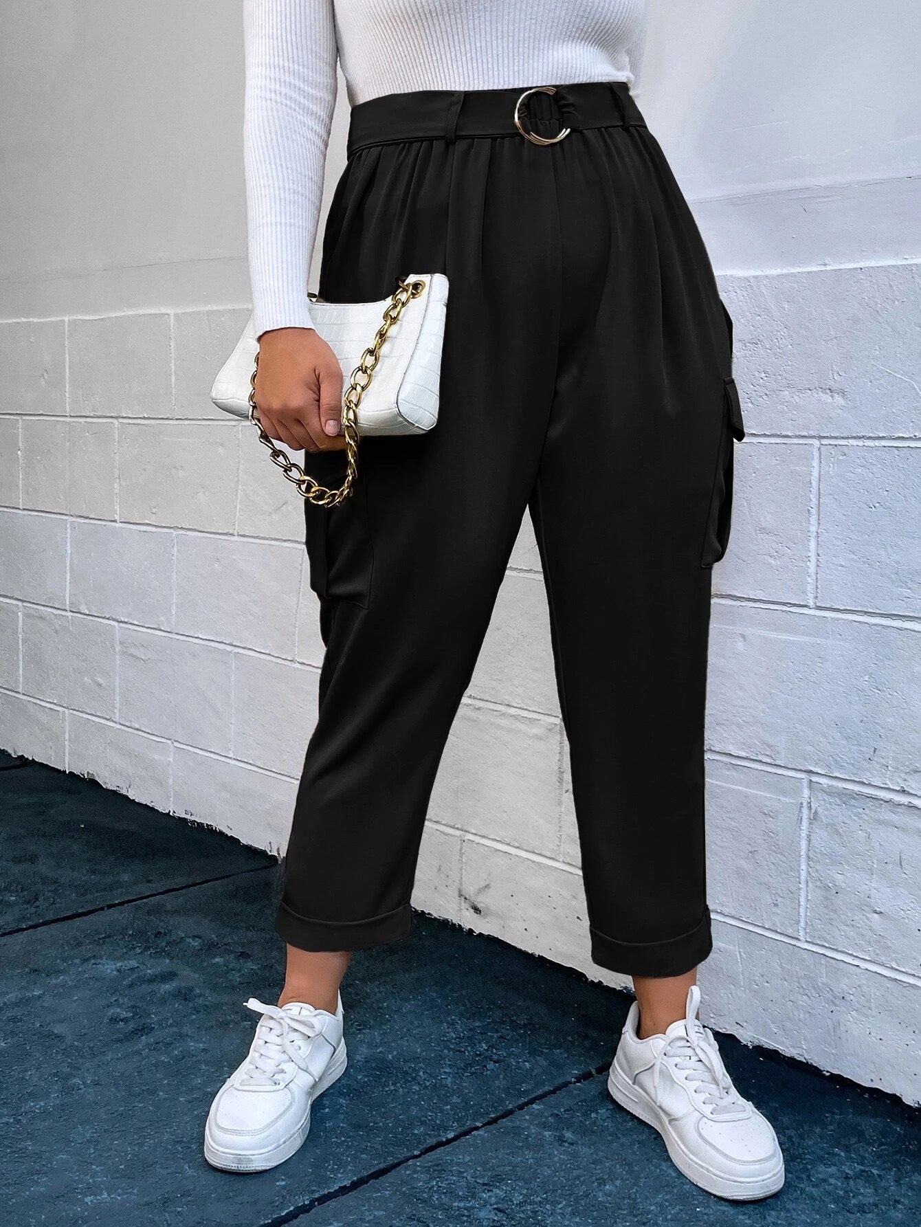 Stylish Flap Pocket Belted Cargo Pants – back view detail