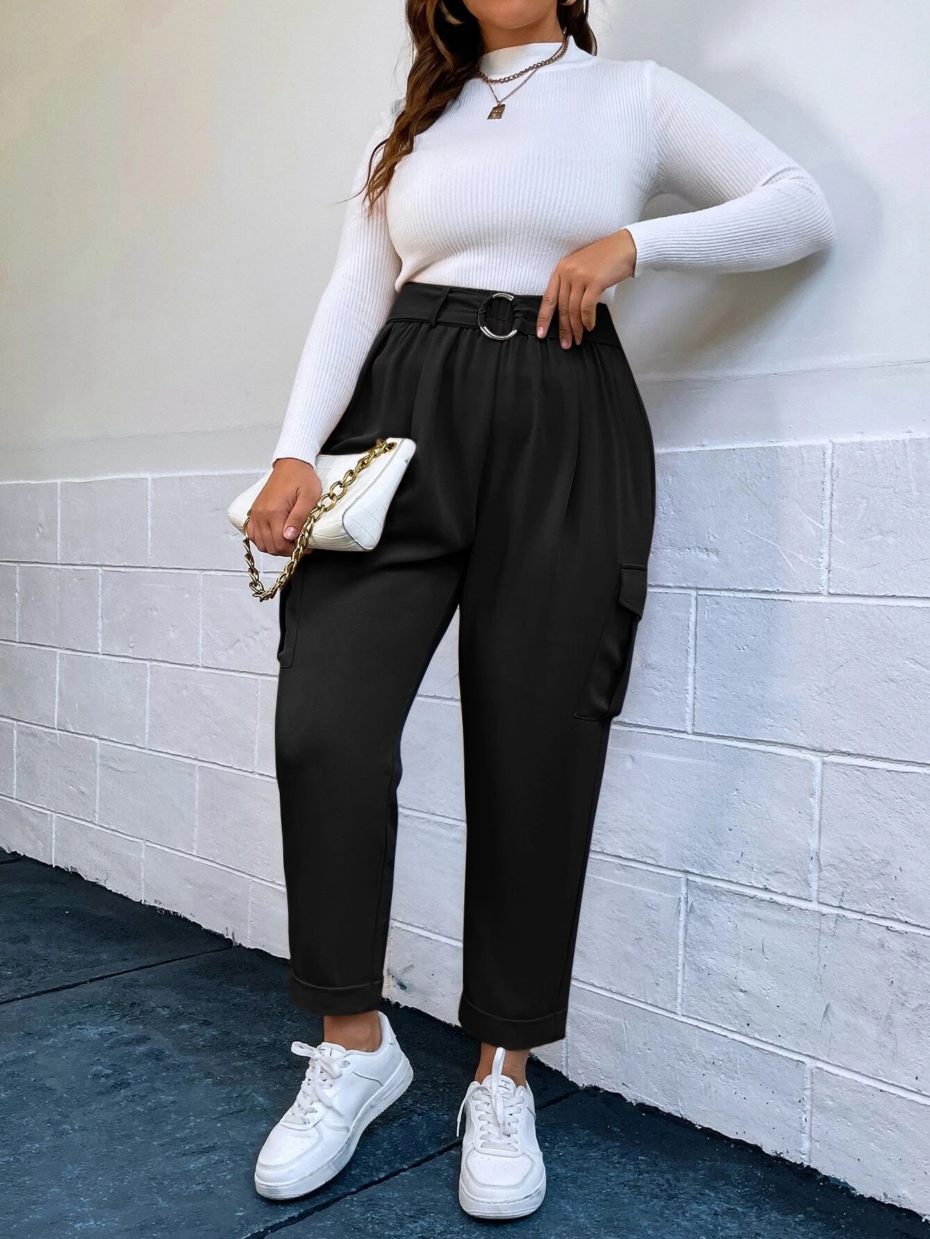 Stylish Flap Pocket Belted Cargo Pants – pocket detail close-up