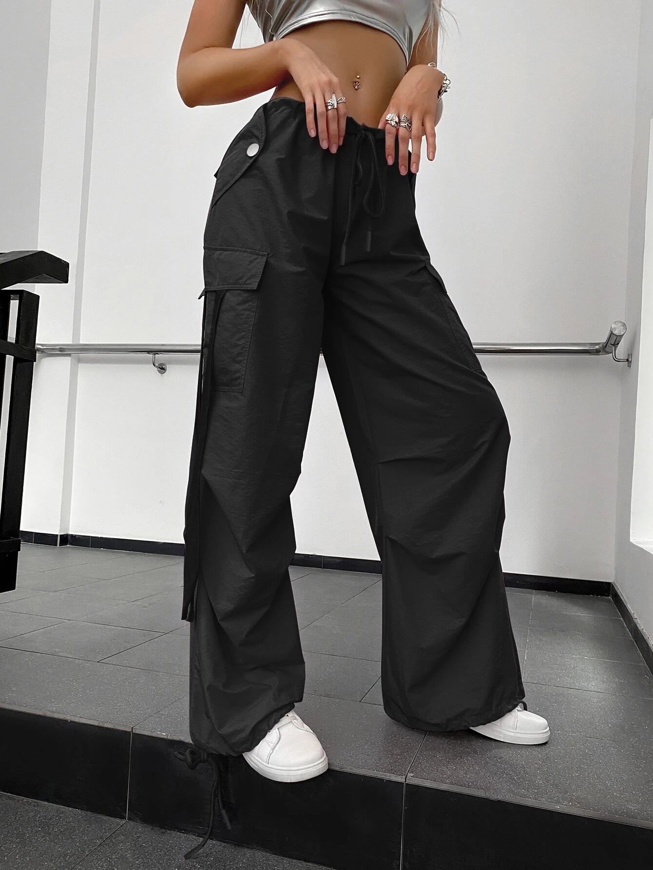 Long Fit Drawstring Waistline Pants – full length outfit view