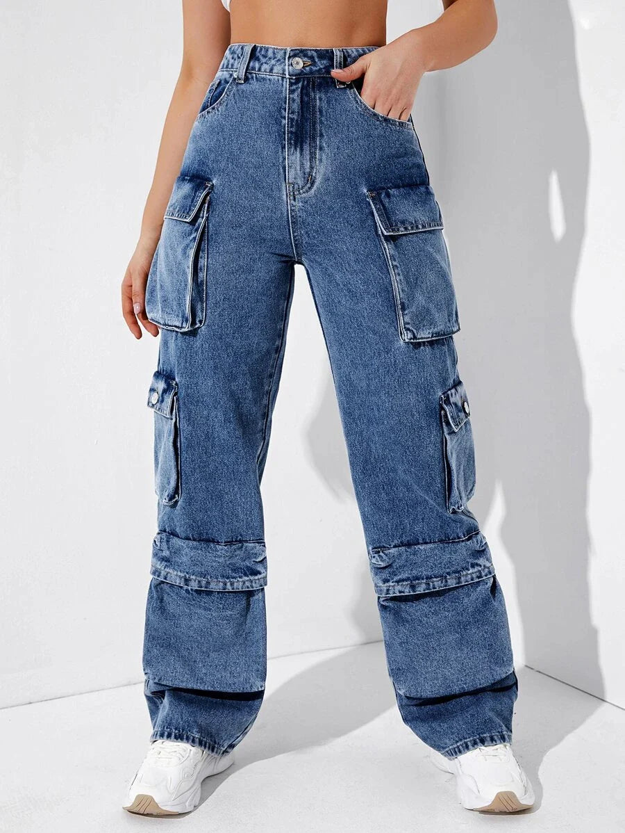 Easy Wear High Waisted Flap Pocket Cargo Jeans – full length outfit view