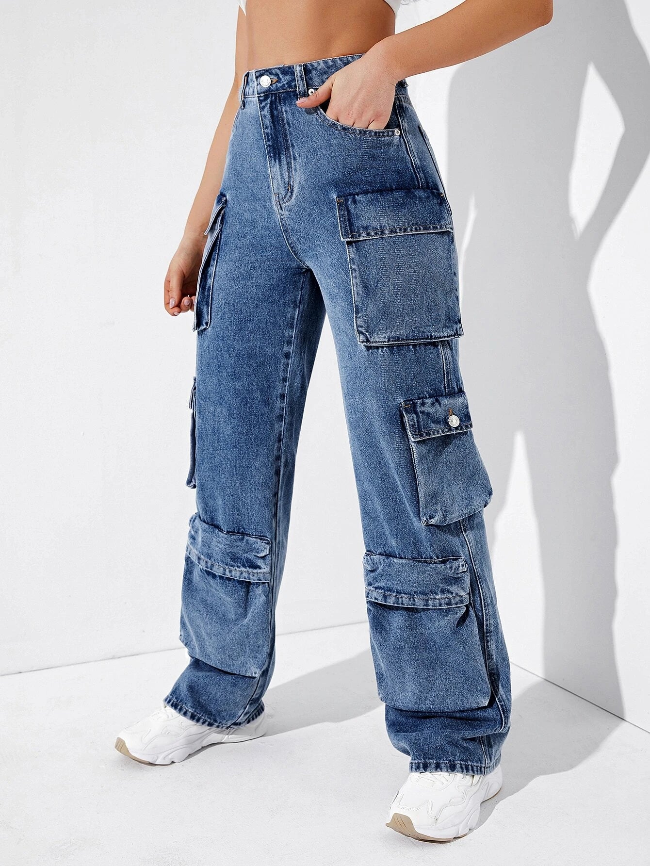 Flap Pocket Straight Cargo Jeans – fabric detail close-up