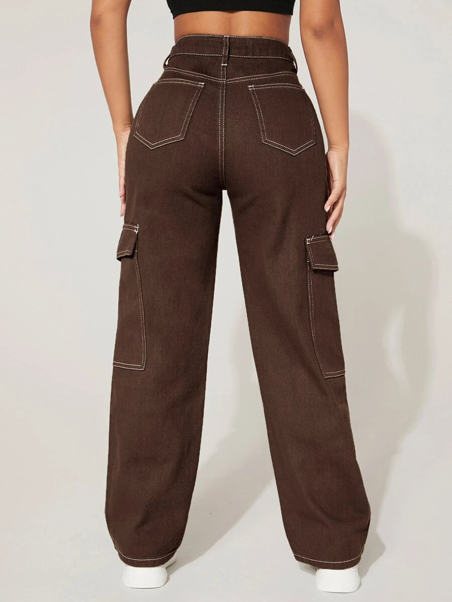 High Waist Denim Flap Pocket Cargo Jeans – waistband detail