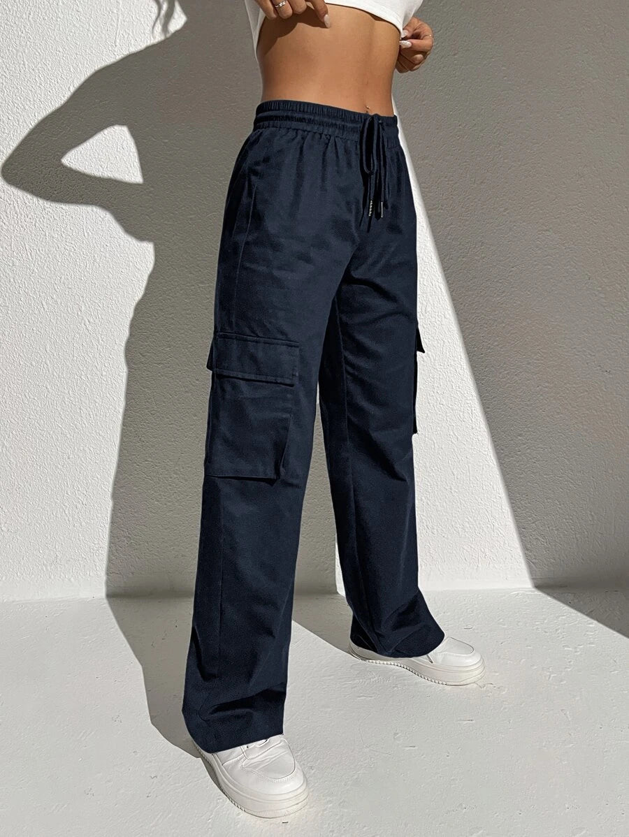 Casual Flap Pocket Drawstring Waist Cargo Pants – pocket detail close-up