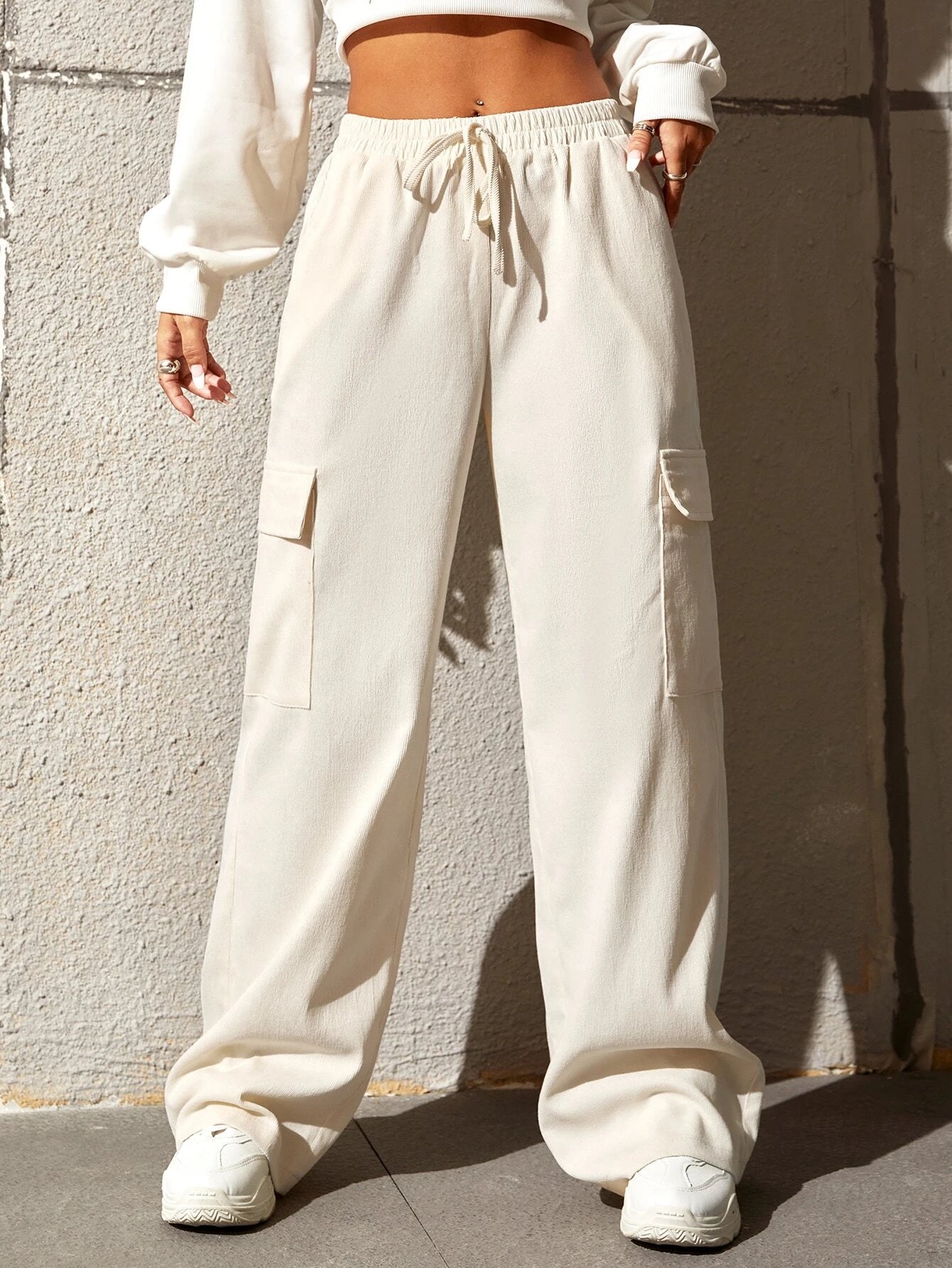 Casual Drawstring Flap Pocket Cargo Pants – women's cargo pants front view