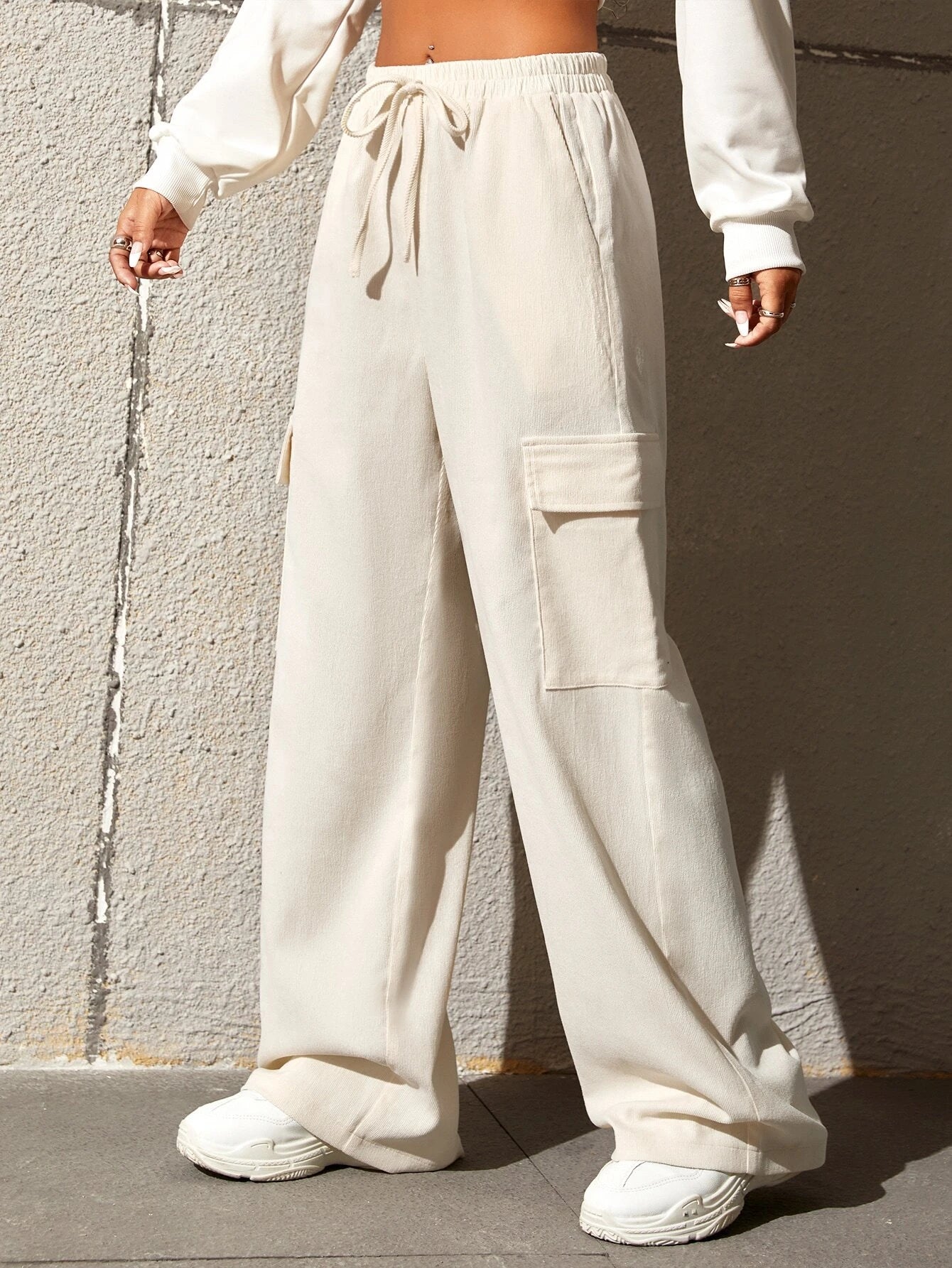 Casual Drawstring Flap Pocket Cargo Pants – pocket detail close-up