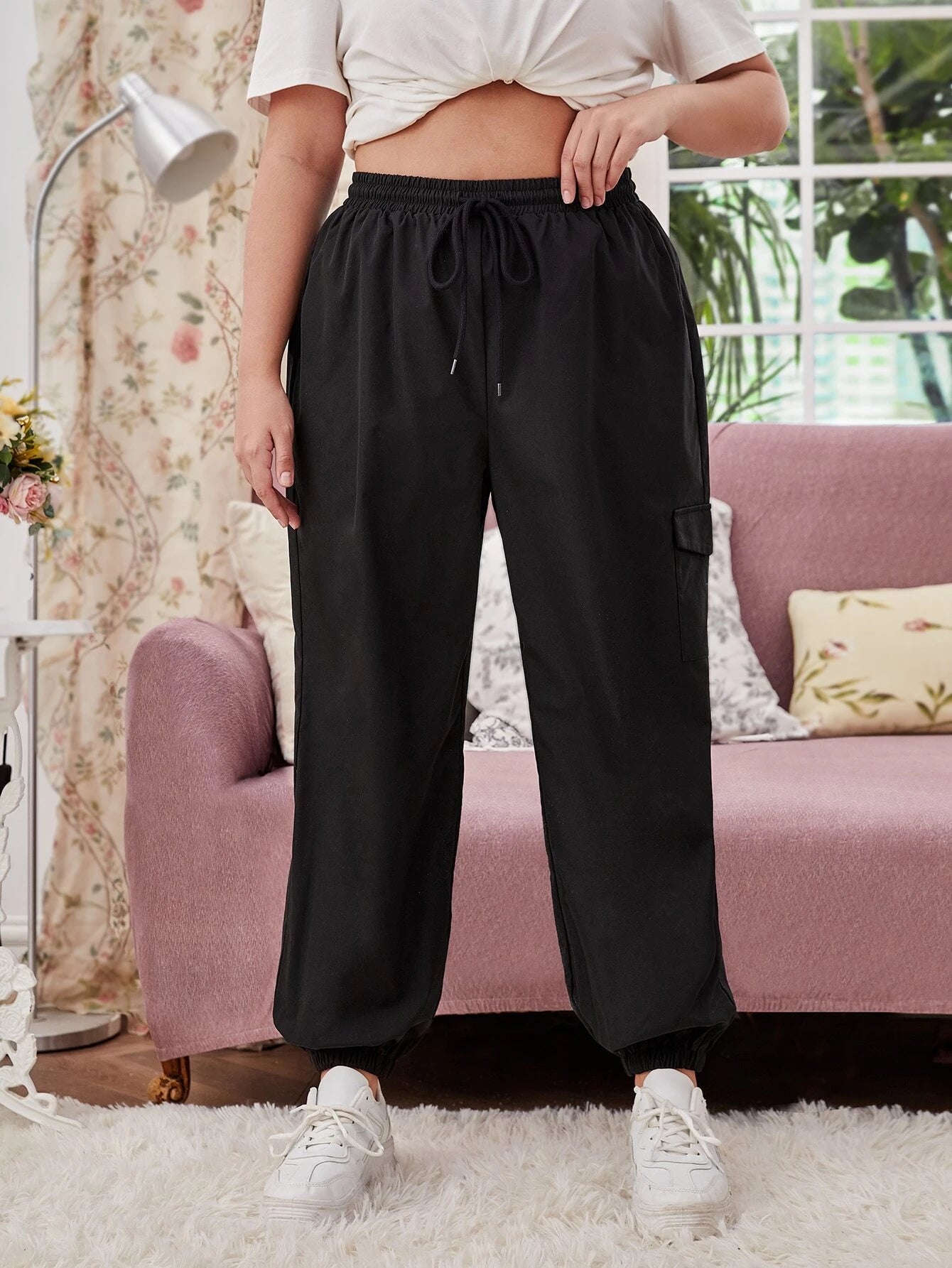 Casual Drawstring Waist Cargo Pants – pocket detail close-up