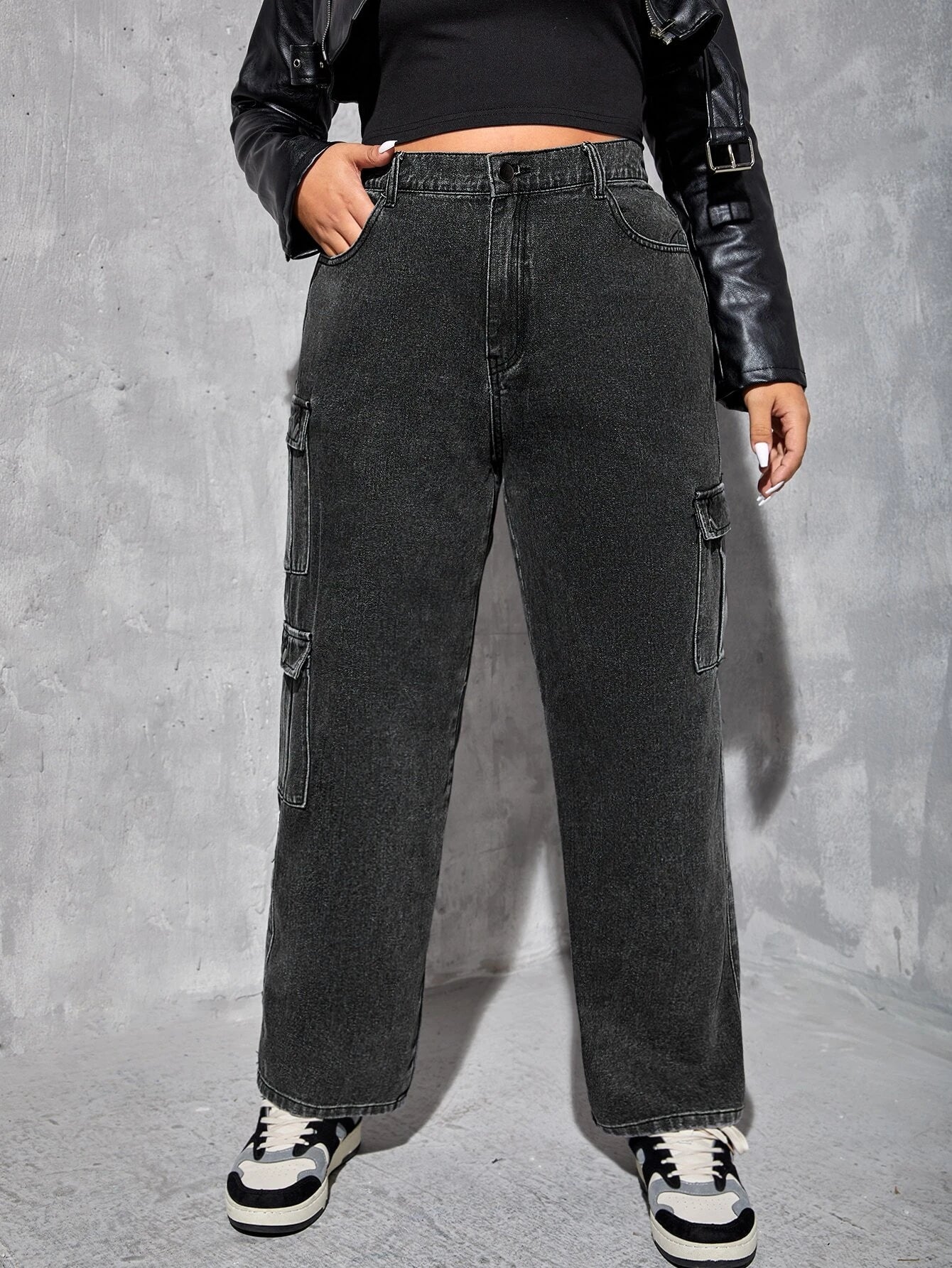 Side Flap Pocket High Waist Cargo Jeans – side profile view