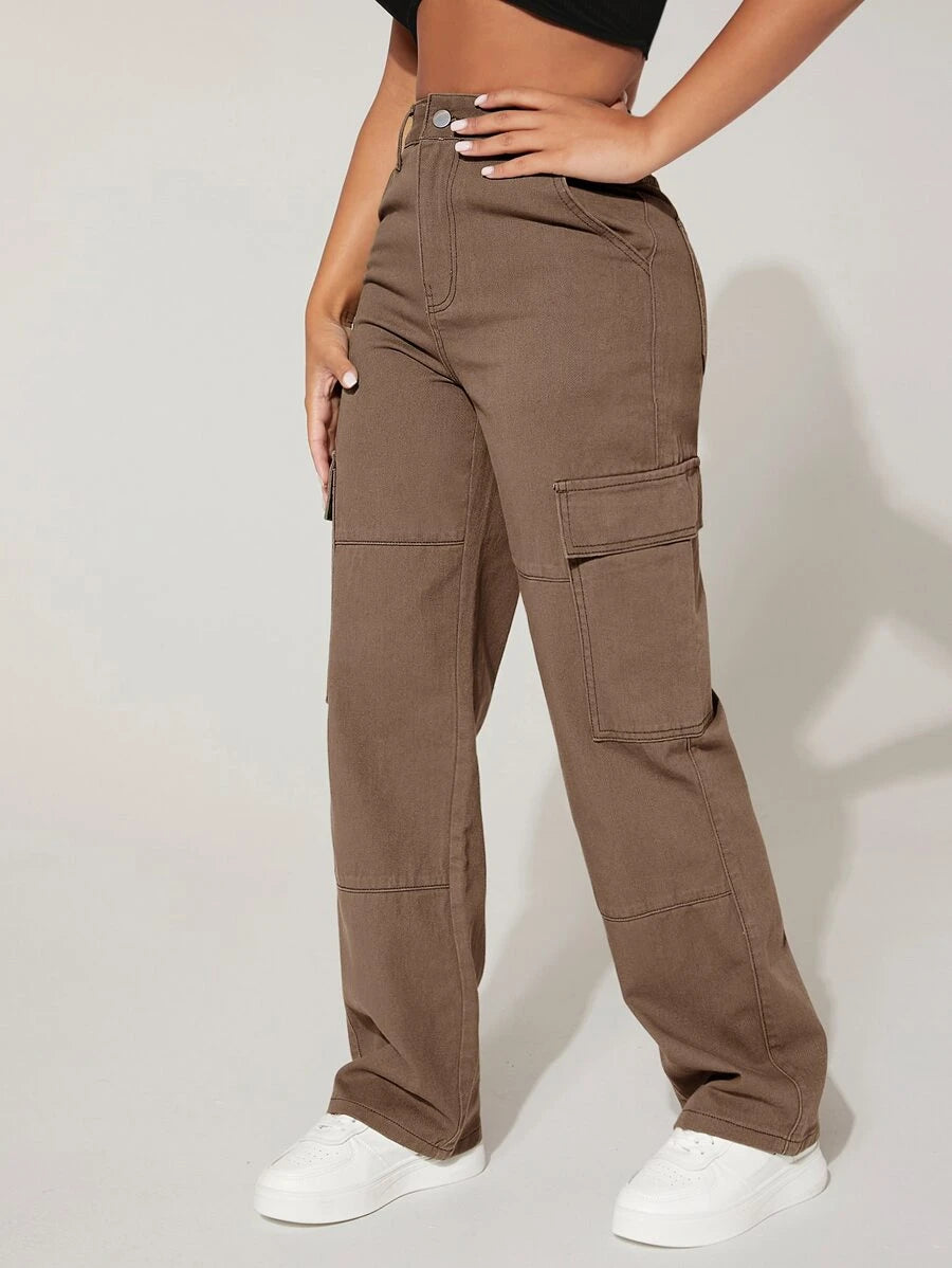Trendy Flap Pocket High Waist Denim Cargo Jeans – lifestyle view 30