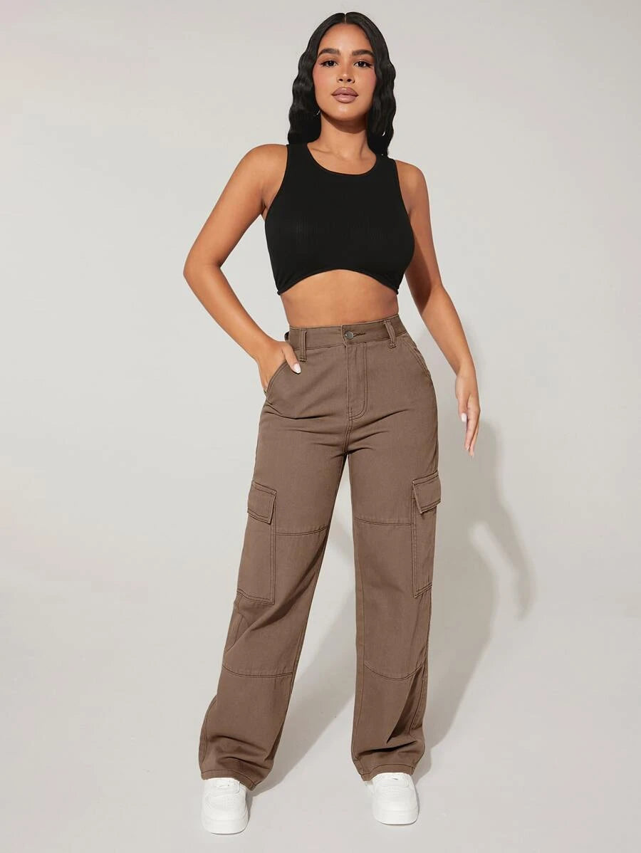 Trendy Flap Pocket High Waist Denim Cargo Jeans – lifestyle view 31