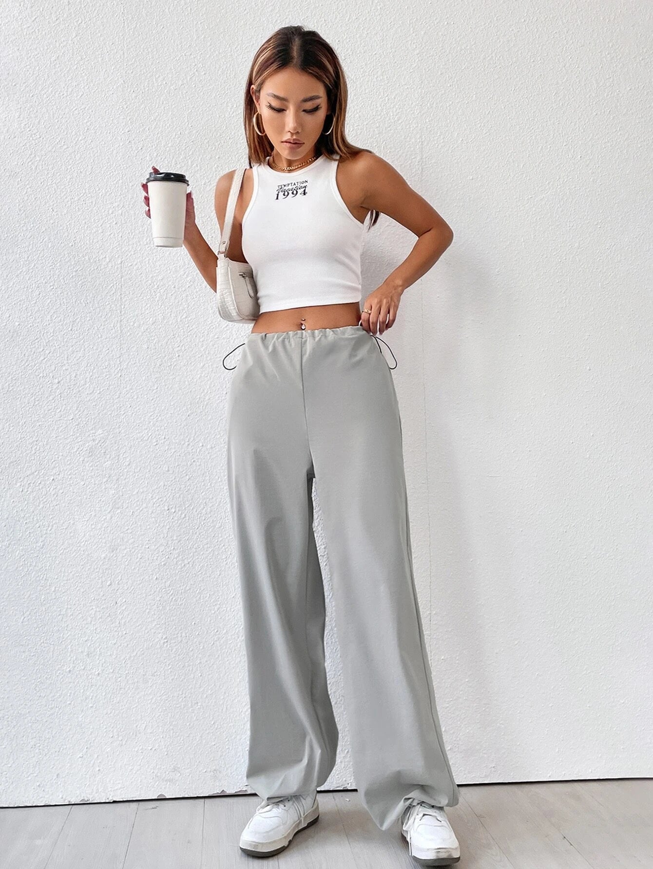 Elastic Waist Drawstring Cargo Pants – side profile view
