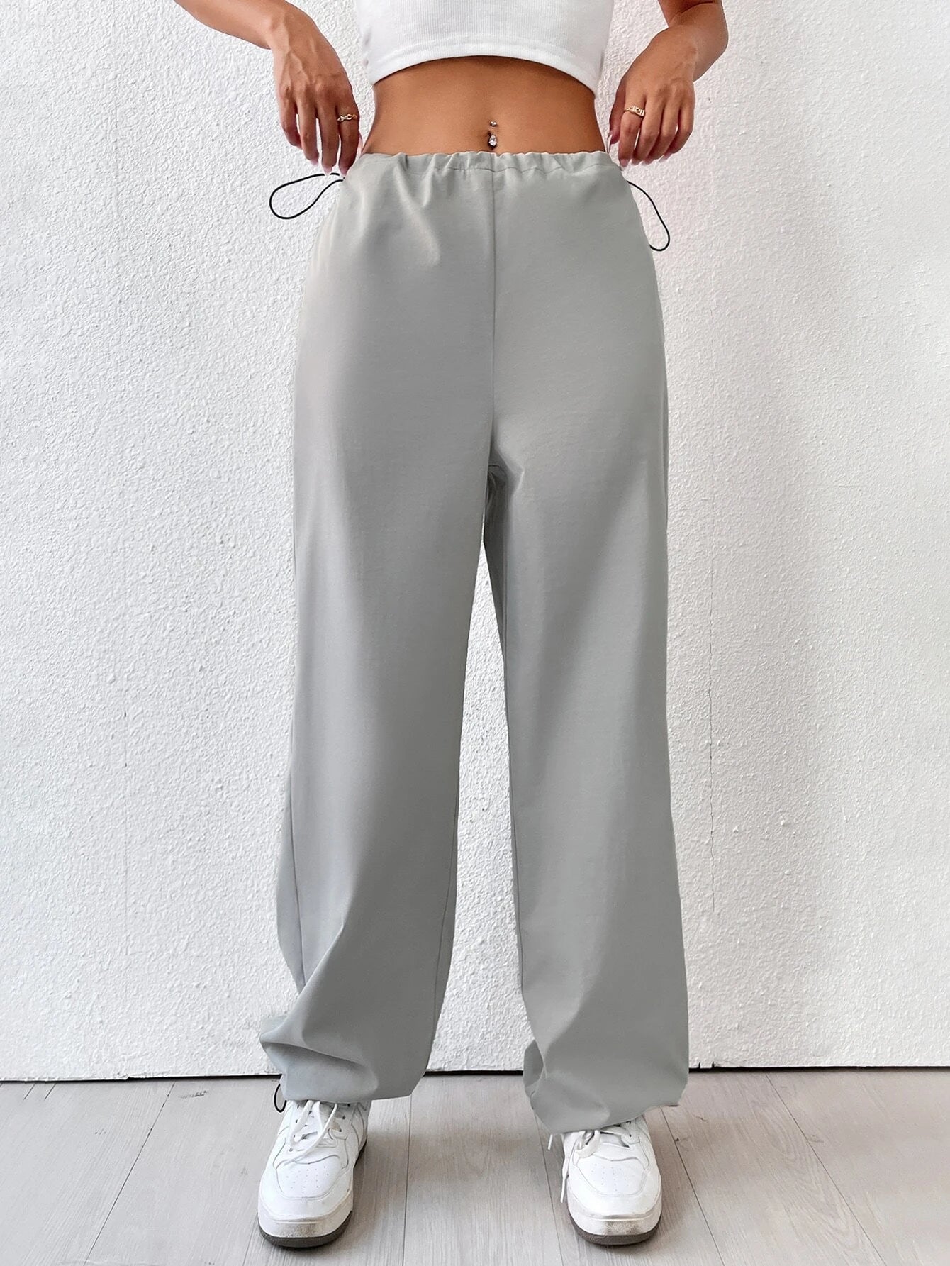 Elastic Waist Drawstring Cargo Pants – full length outfit view
