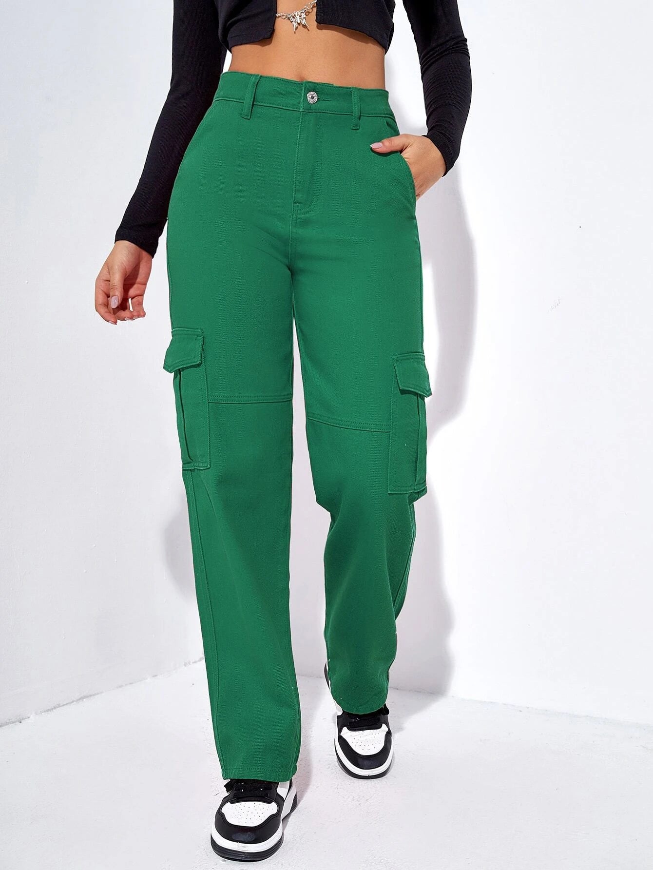Flap Pocket High Waist Cargo Jeans in Beige – lifestyle view 13