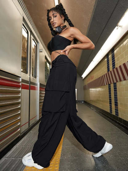 Drawstring Waist Wide Leg Parachute Cargo Jogger Pants