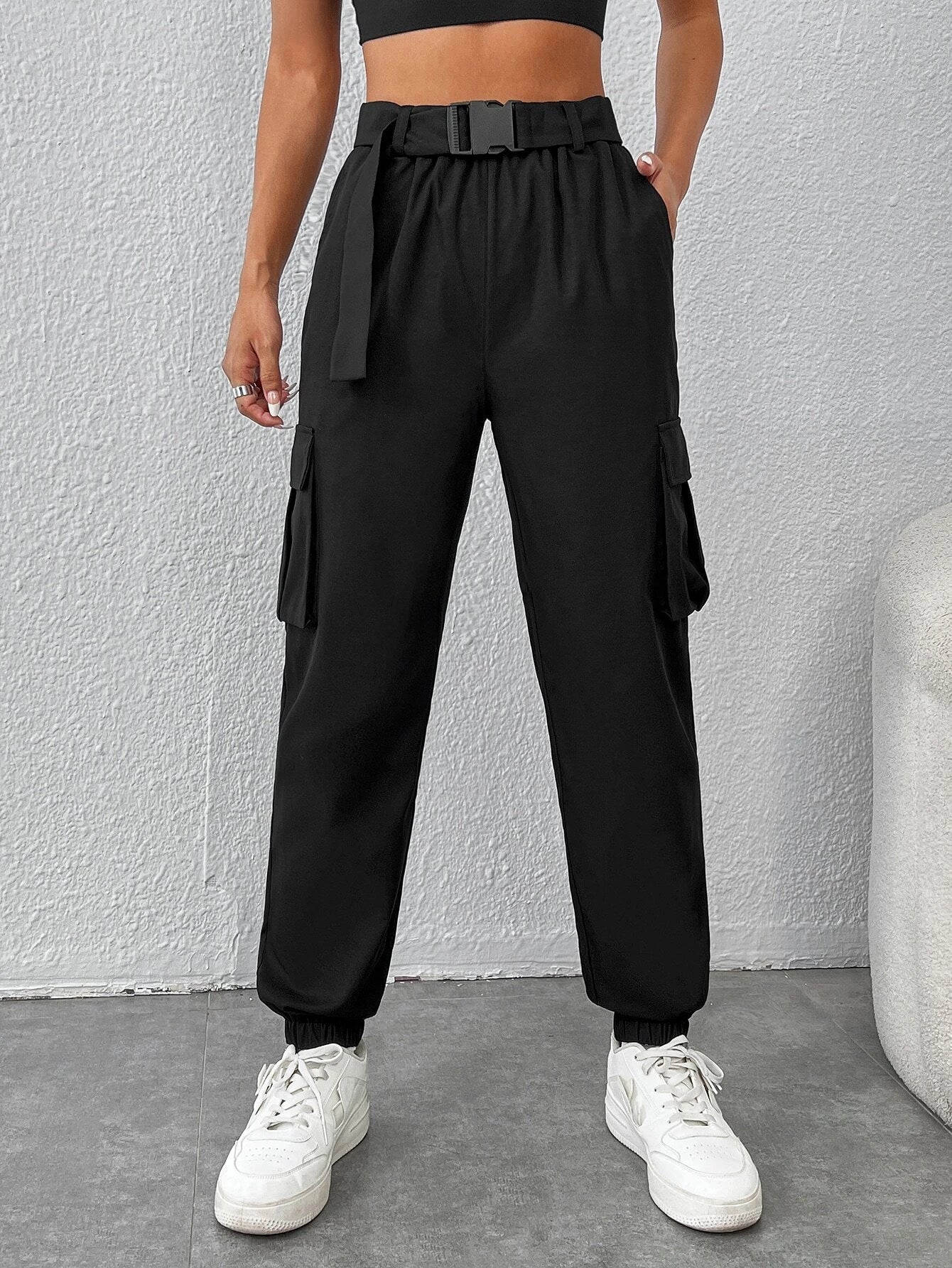 Flap Pocket Side Buckled Belted Cargo Pants – women's cargo pants front view