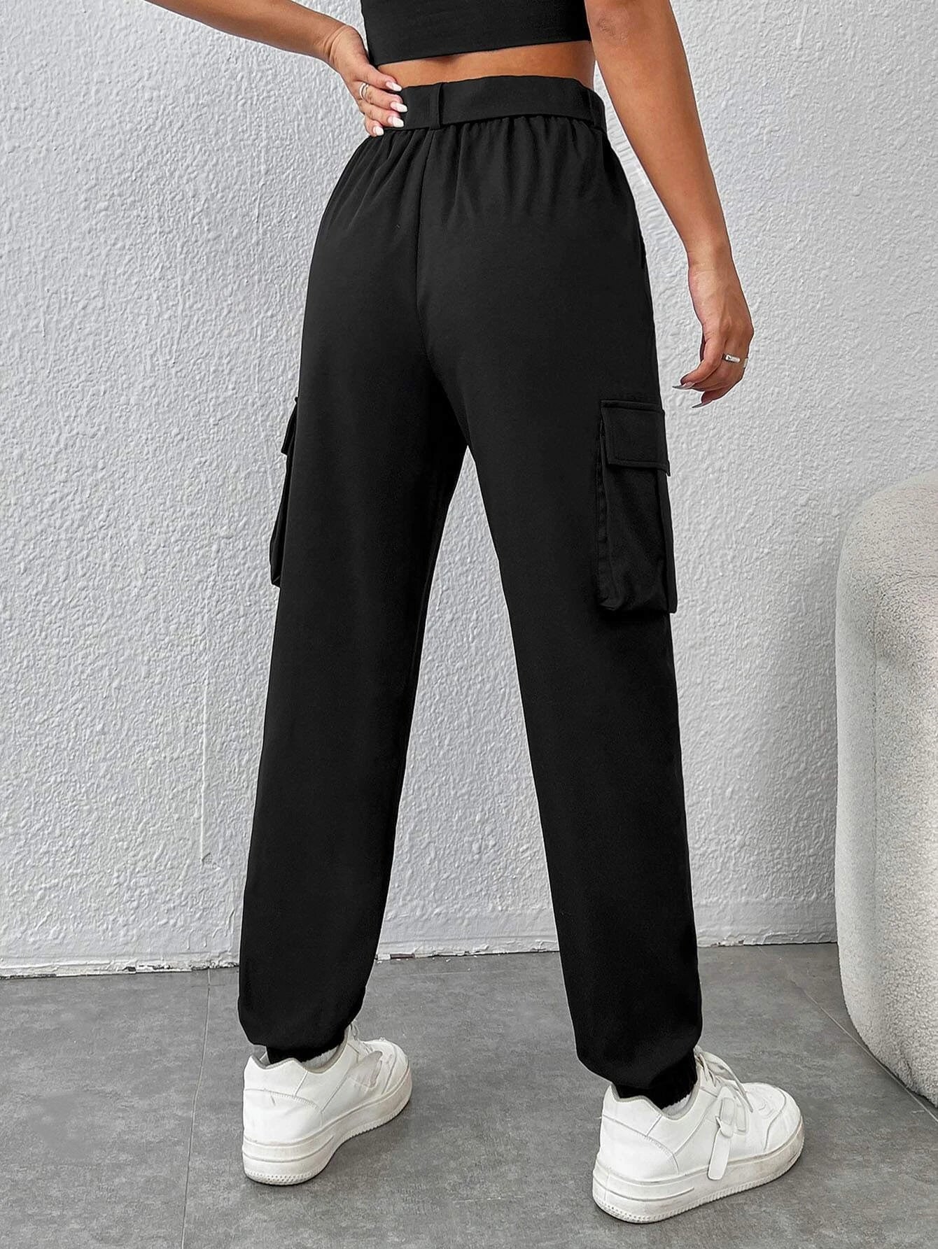 Flap Pocket Side Buckled Belted Cargo Pants – side profile view