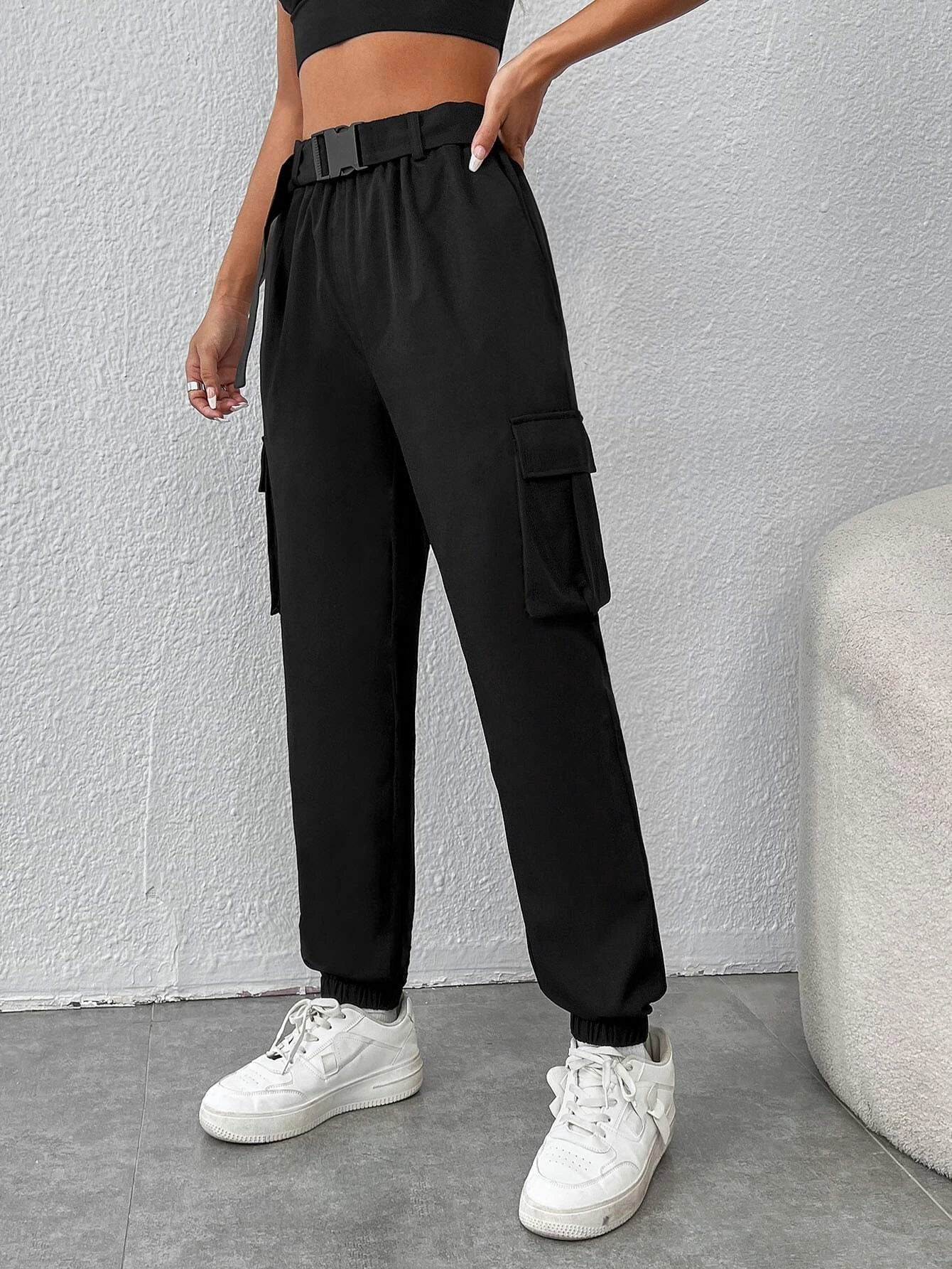 Flap Pocket Side Buckled Belted Cargo Pants – back view detail