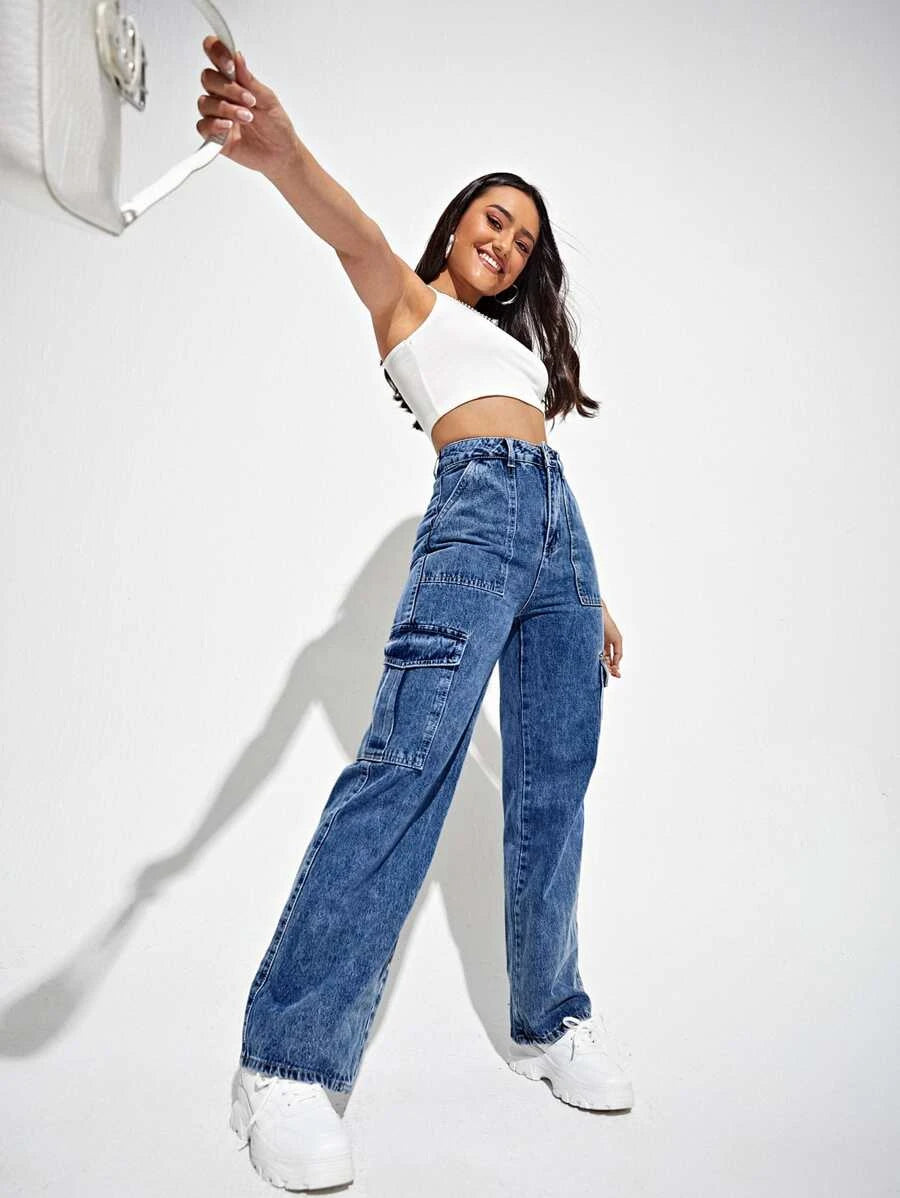 Denim High Waisted Flap Side Pocket Cargo JeansDenim High Waisted Flap Side Pocket Cargo Jeans - Image 13