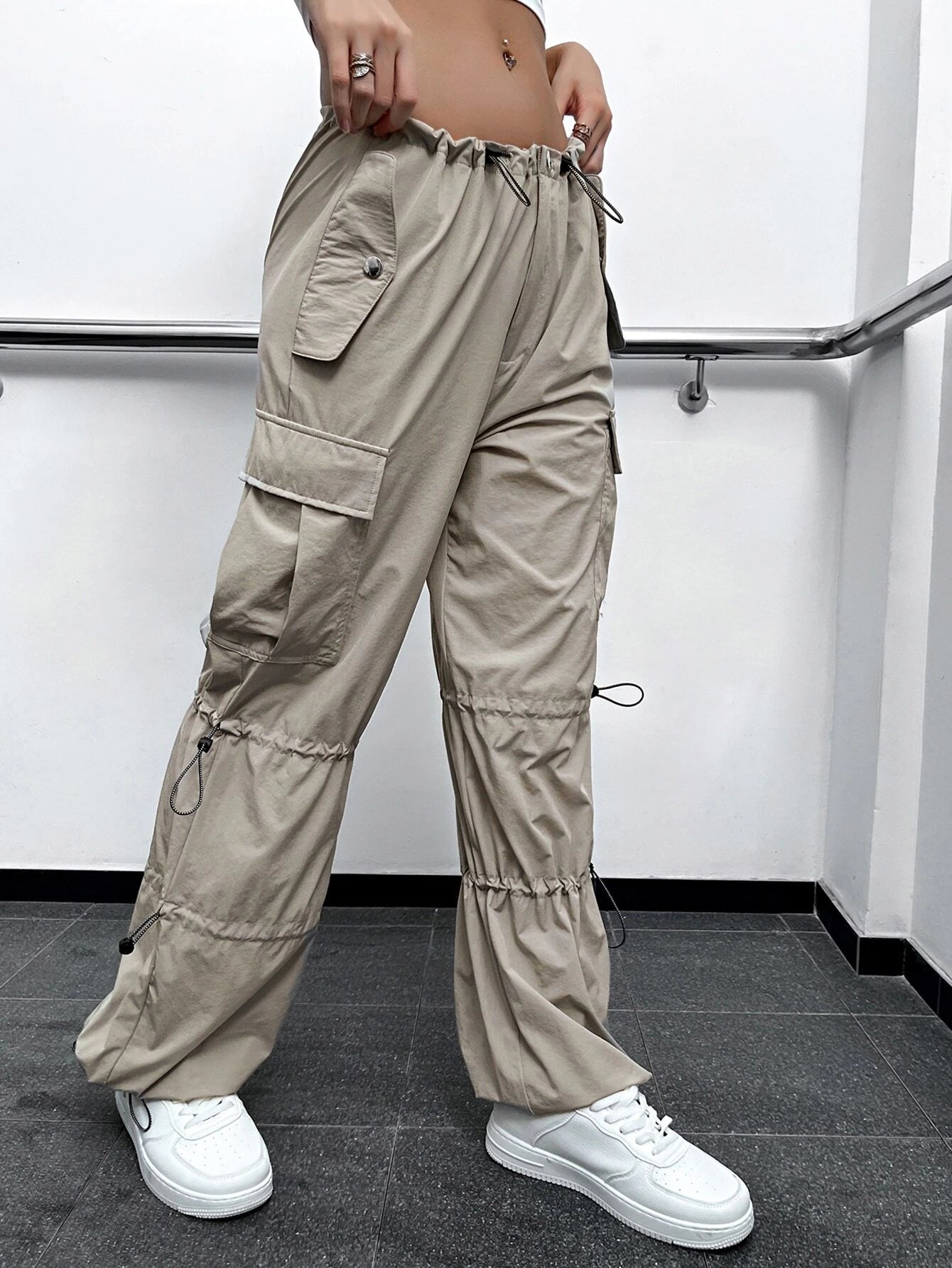 Drawstring Detail Flap Pocket Parachute Cargo Pants – women's cargo pants front view
