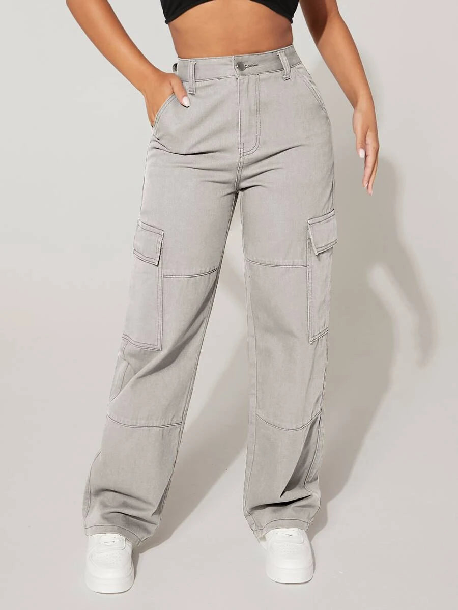 Trendy Flap Pocket High Waist Denim Cargo Jeans – lifestyle view 21