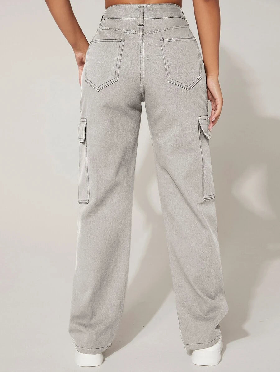 Trendy Flap Pocket High Waist Denim Cargo Jeans – lifestyle view 24