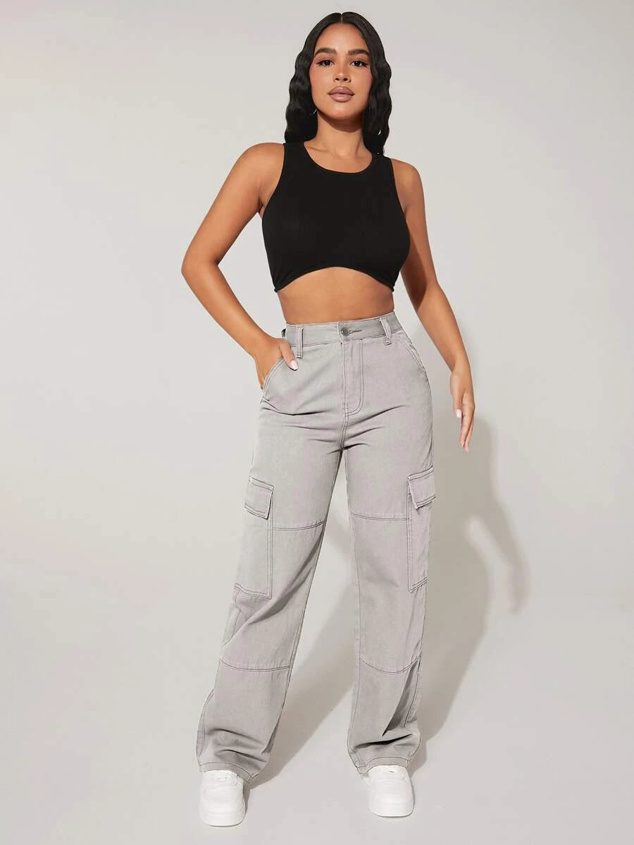 Trendy Flap Pocket High Waist Denim Cargo Jeans – lifestyle view 23