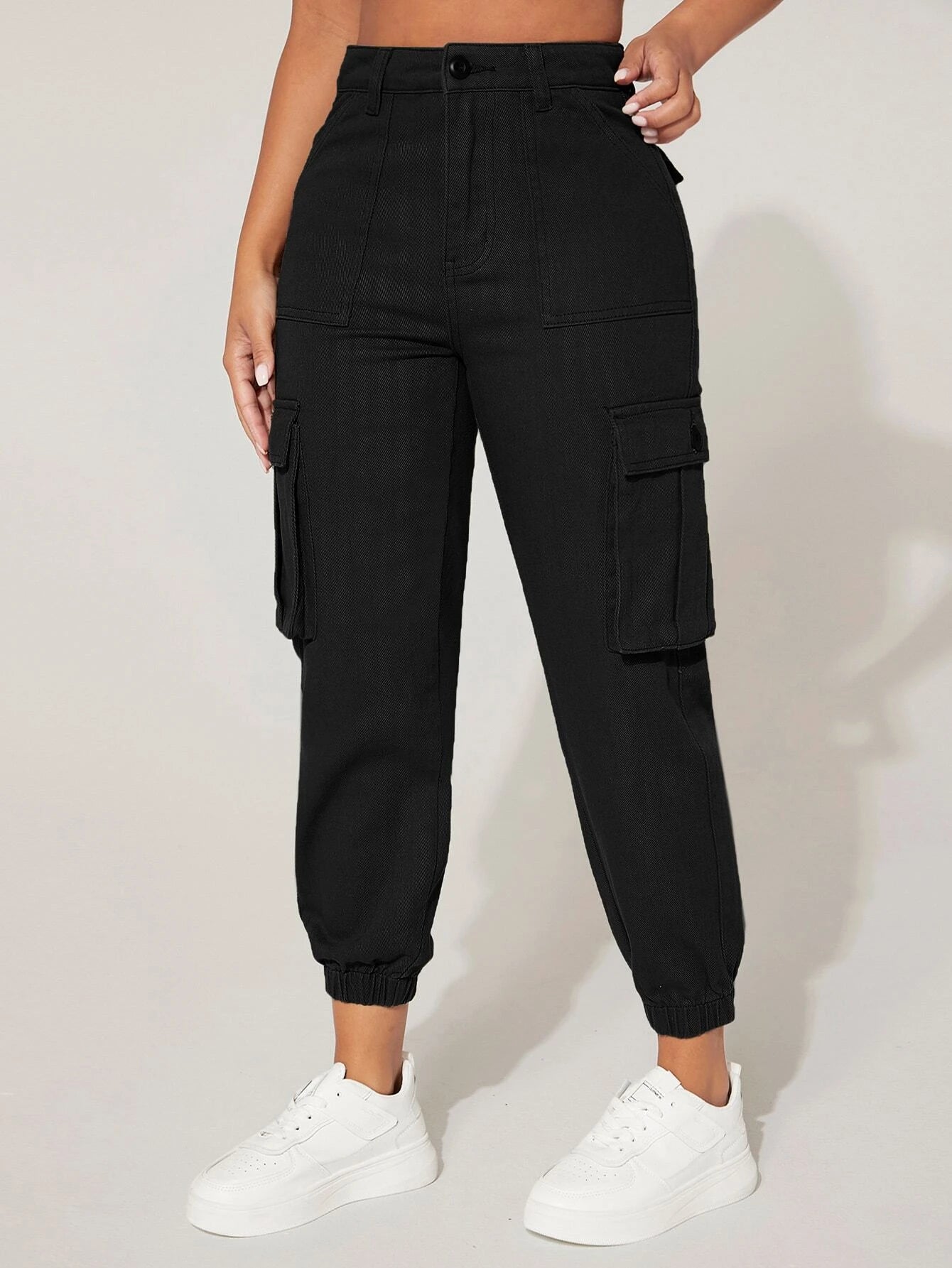 High Waist Flap Pocket Cargo Jeans in Green – full length outfit view
