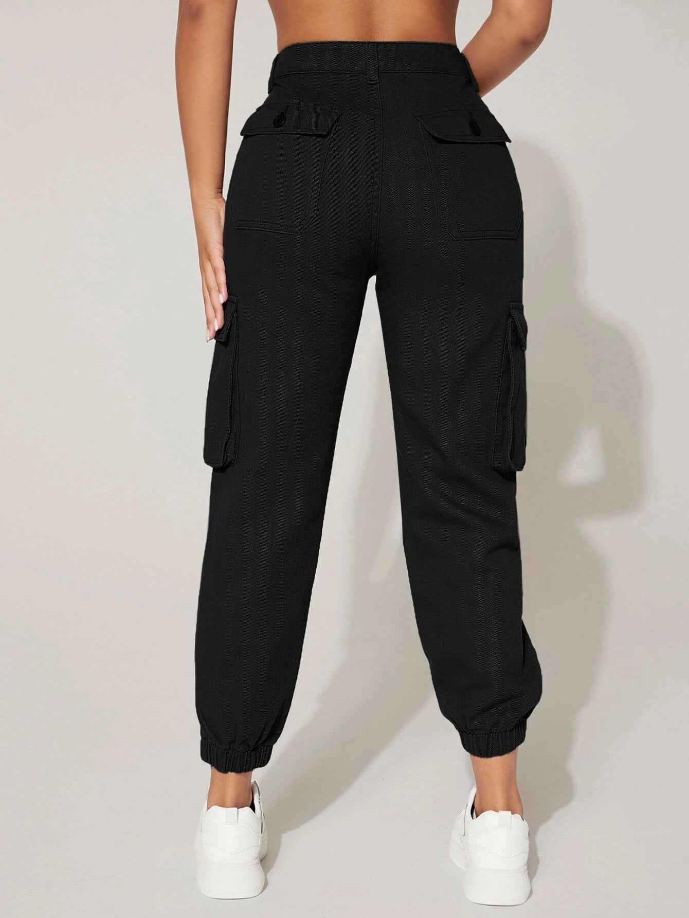 Plain High Waist Flap Pocket Cargo Jeans in Black #ns-1 – pocket detail close-up