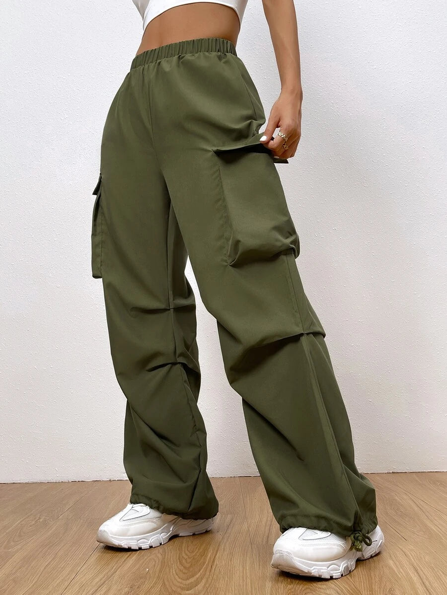 Flap Pocket Side Drawstring Hem Casual Cargo Pants – fabric detail close-up