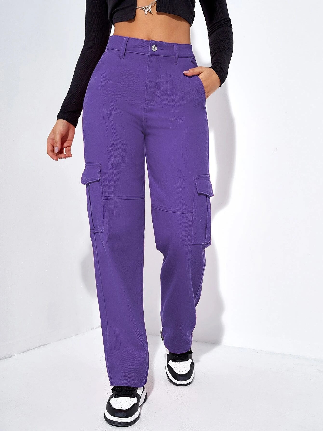 Flap Pocket High Waist Cargo Jeans in Beige – lifestyle view 37