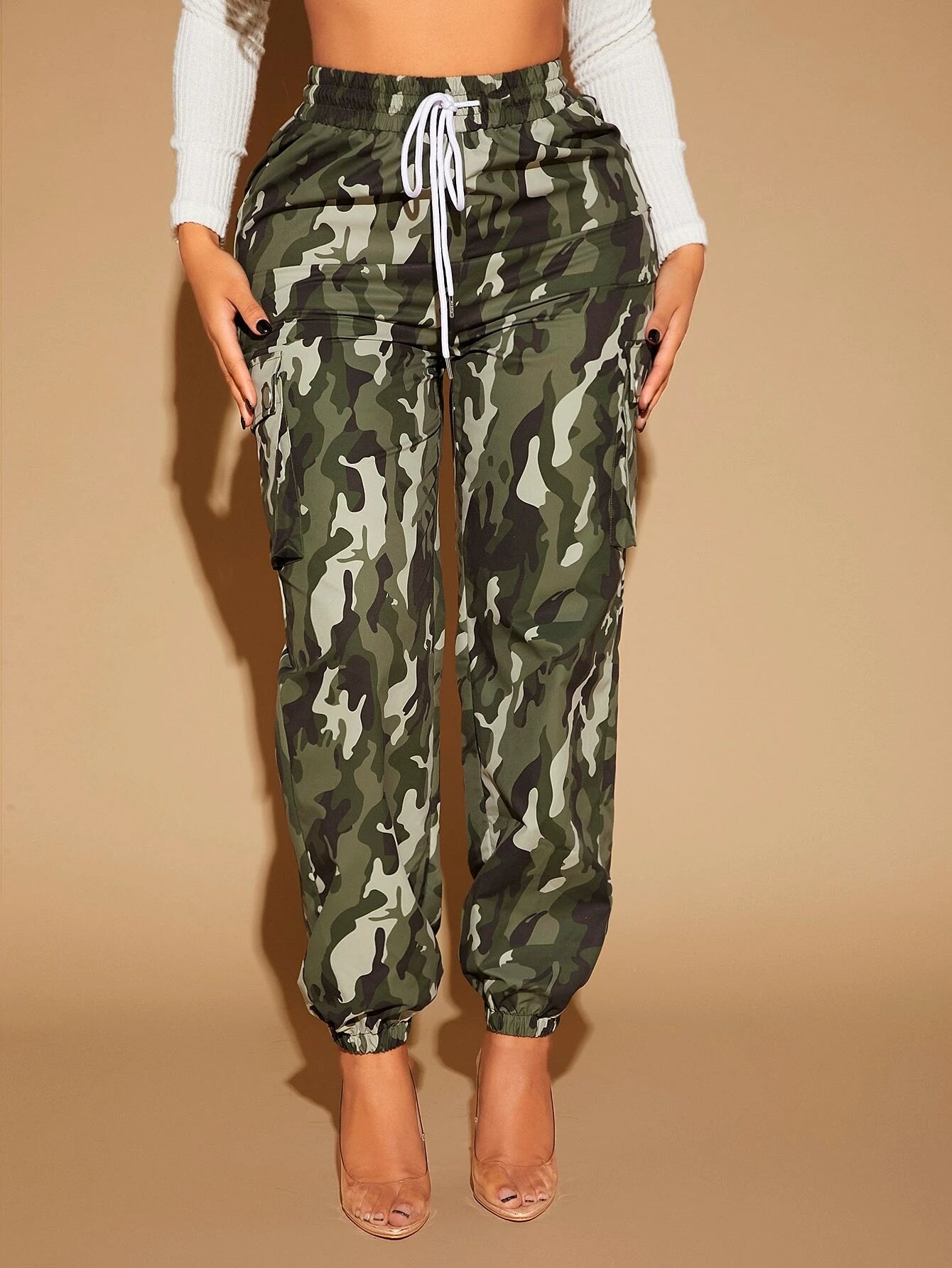Camo Print Flap Pocket Cargo Pants Style 1 – women's cargo pants front view