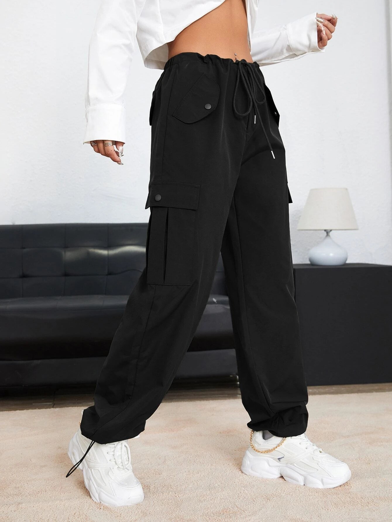 Long Drawstring Waist Parachute Pants – back view detail