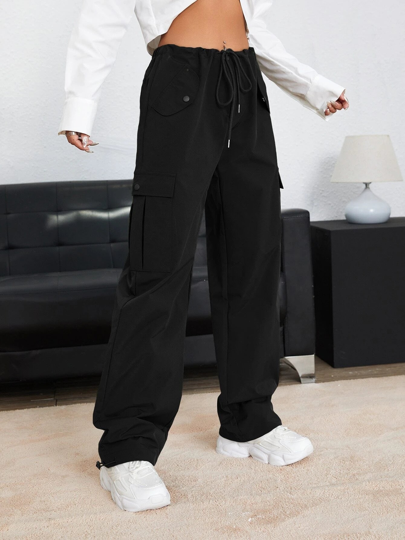 Drawstring Waist Plain Parachute PantsDrawstring Waist Plain Parachute Pants - Image 2