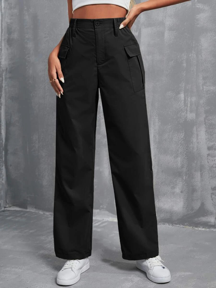 Side Pocket High Waist Flap Cargo Pants – waistband detail