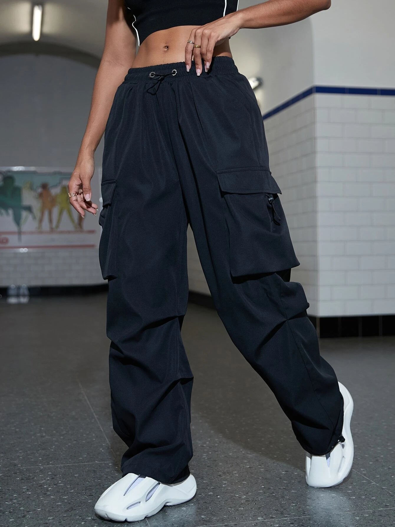 Drawstring Flap Pocket Parachute Cargo Pant – pocket detail close-up