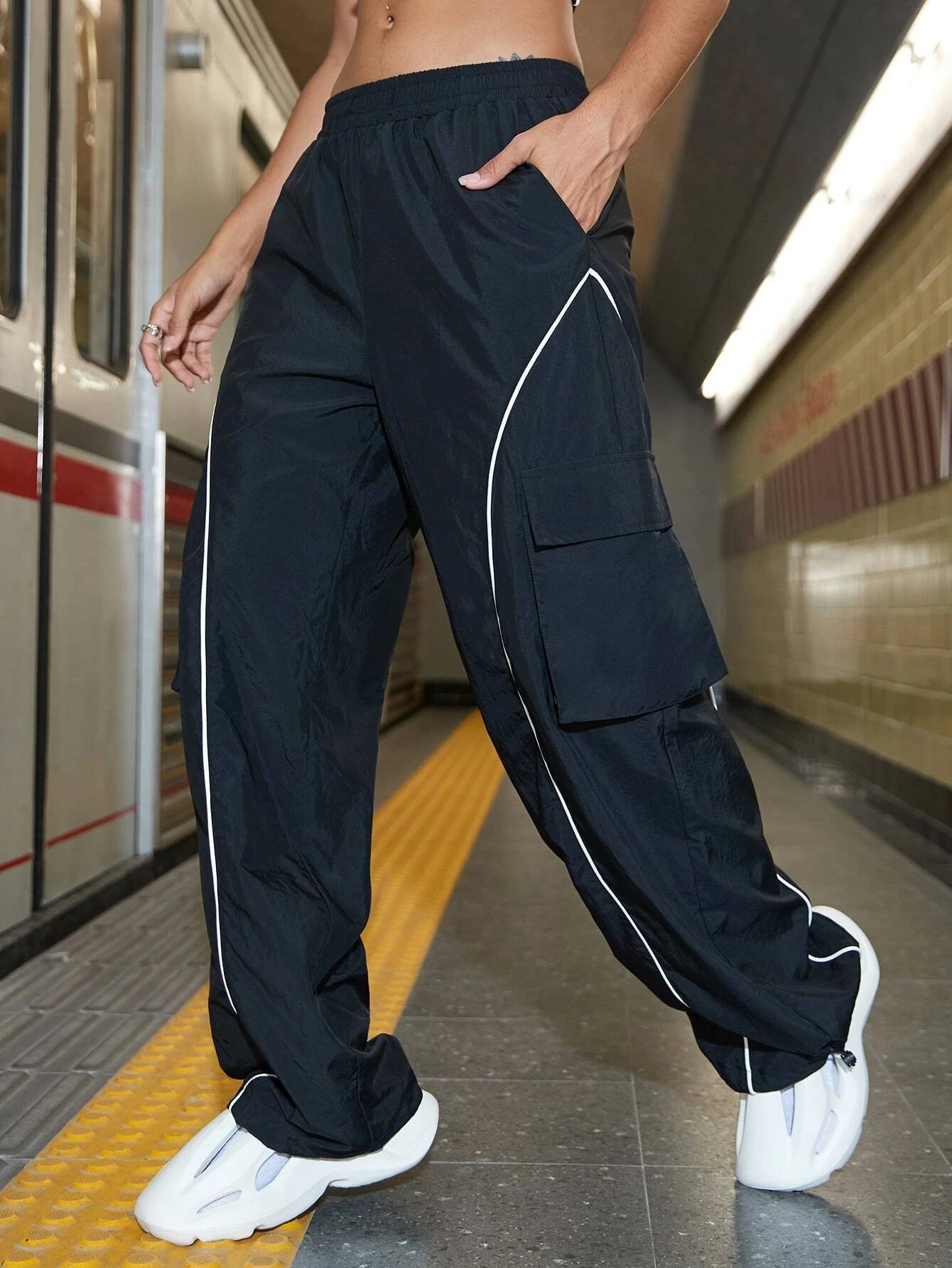 Street Contrast Binding Flap Pocket Cargo Parachute Pants – women's cargo pants front view