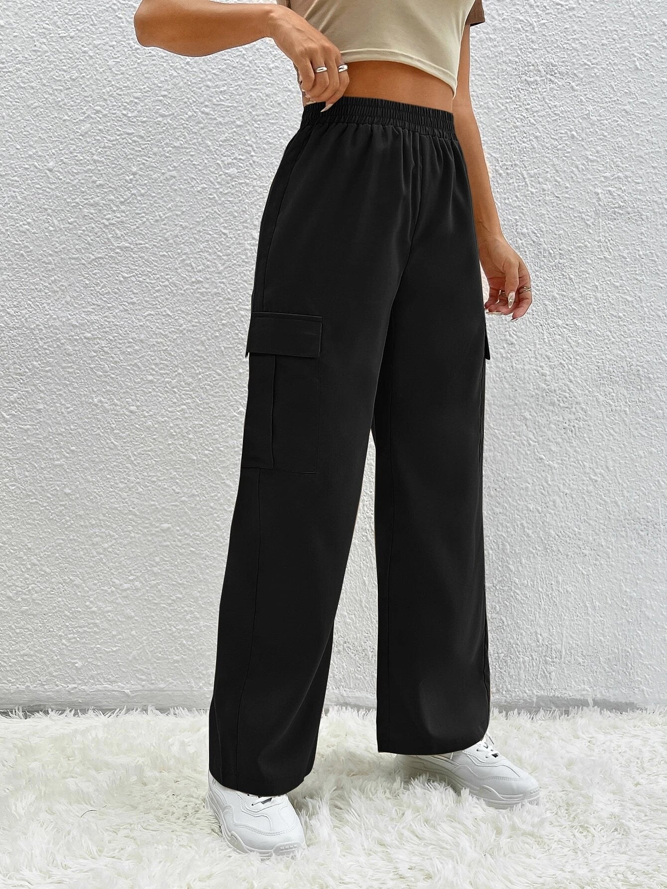 Pocket Side Button  Denim Cargo Pant – full length outfit view