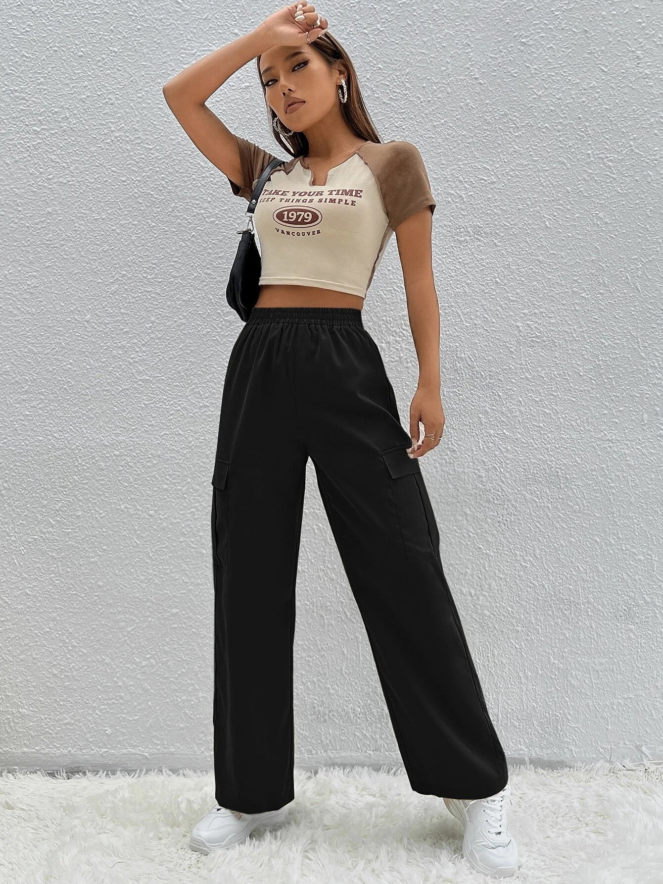 Solid Color Flap Pocket Cargo Pants in Black – full length outfit view