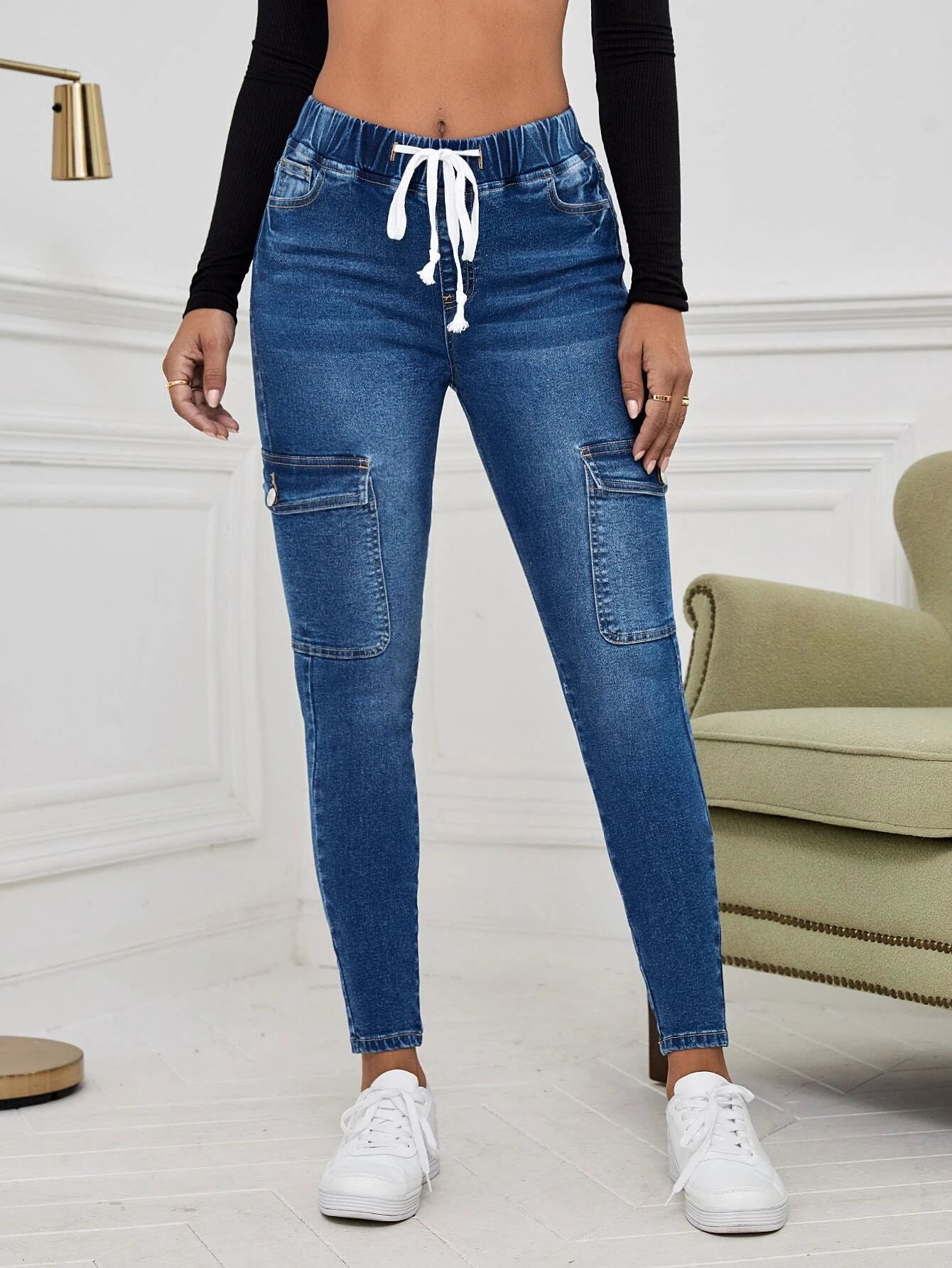 Drawstring Flap Pocket Cargo Jeans – women's cargo pants front view
