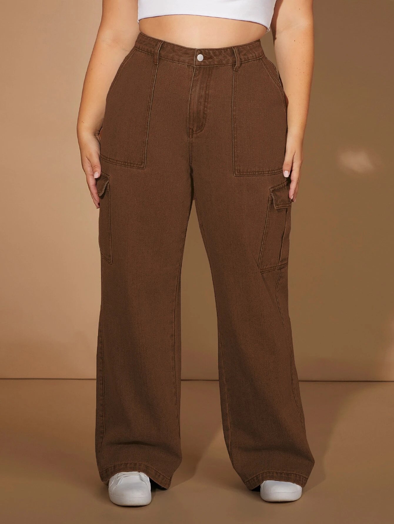 High Waist Flap Pocket Side Cargo Jeans in Pink – styled outfit view