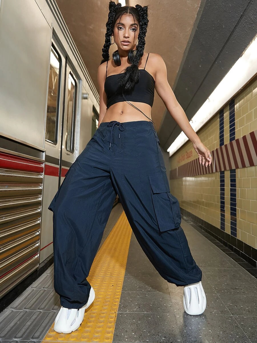 Drawstring Waist Wide Leg Parachute Cargo Jogger PantsDrawstring Waist Wide Leg Parachute Cargo Jogger Pants - Image 51