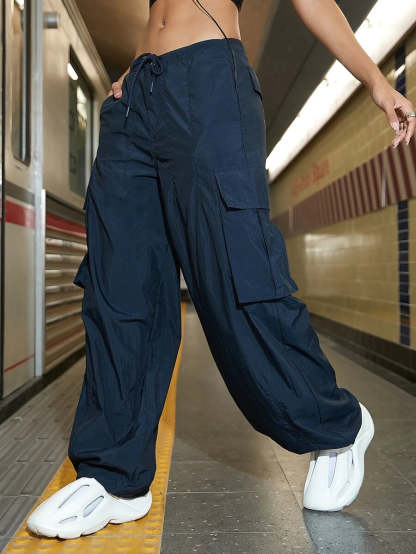 Drawstring Waist Wide Leg Parachute Cargo Jogger Pants