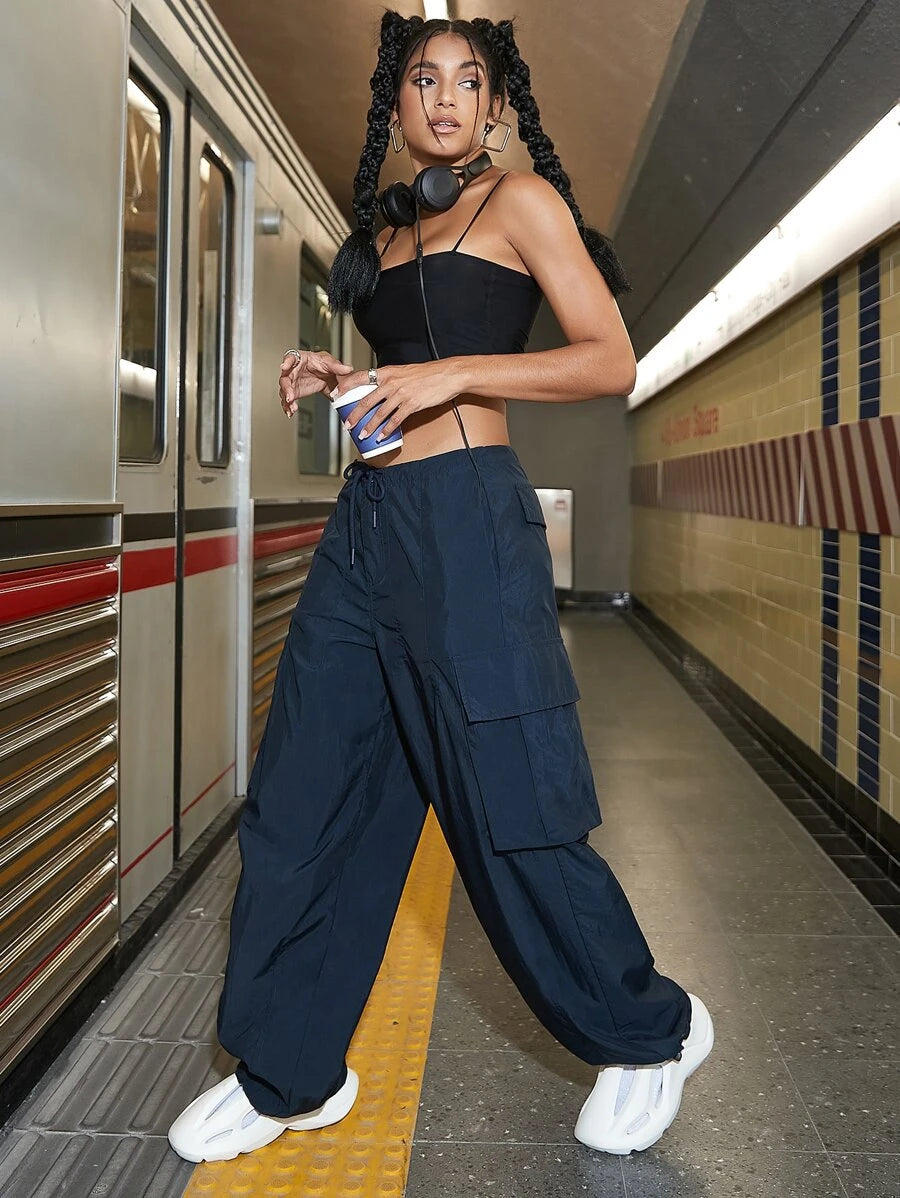 Drawstring Waist Wide Leg Parachute Cargo Jogger Pants